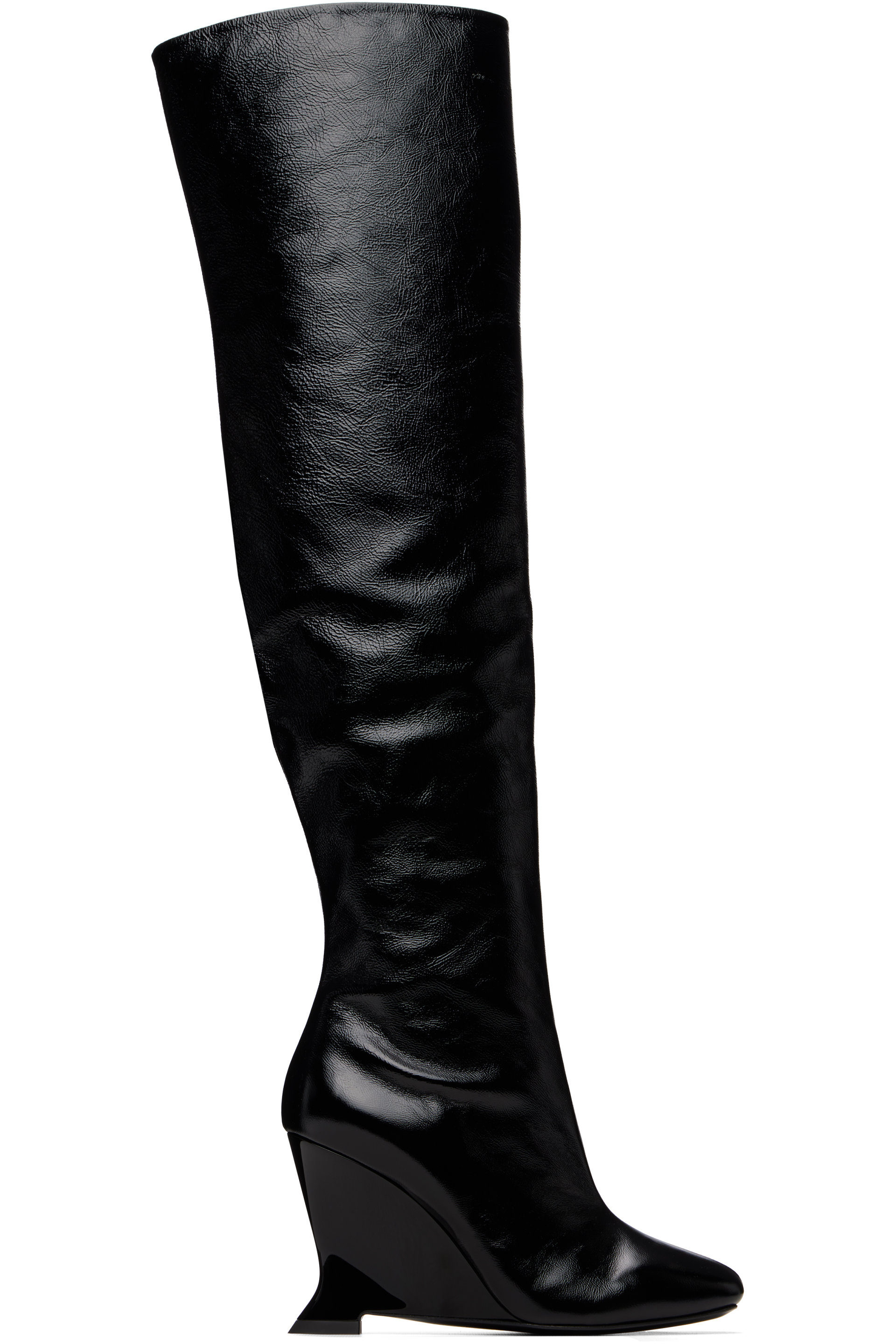 BALMAIN - Black Thigh-High Crinkled Patent Leather Wedge Boots