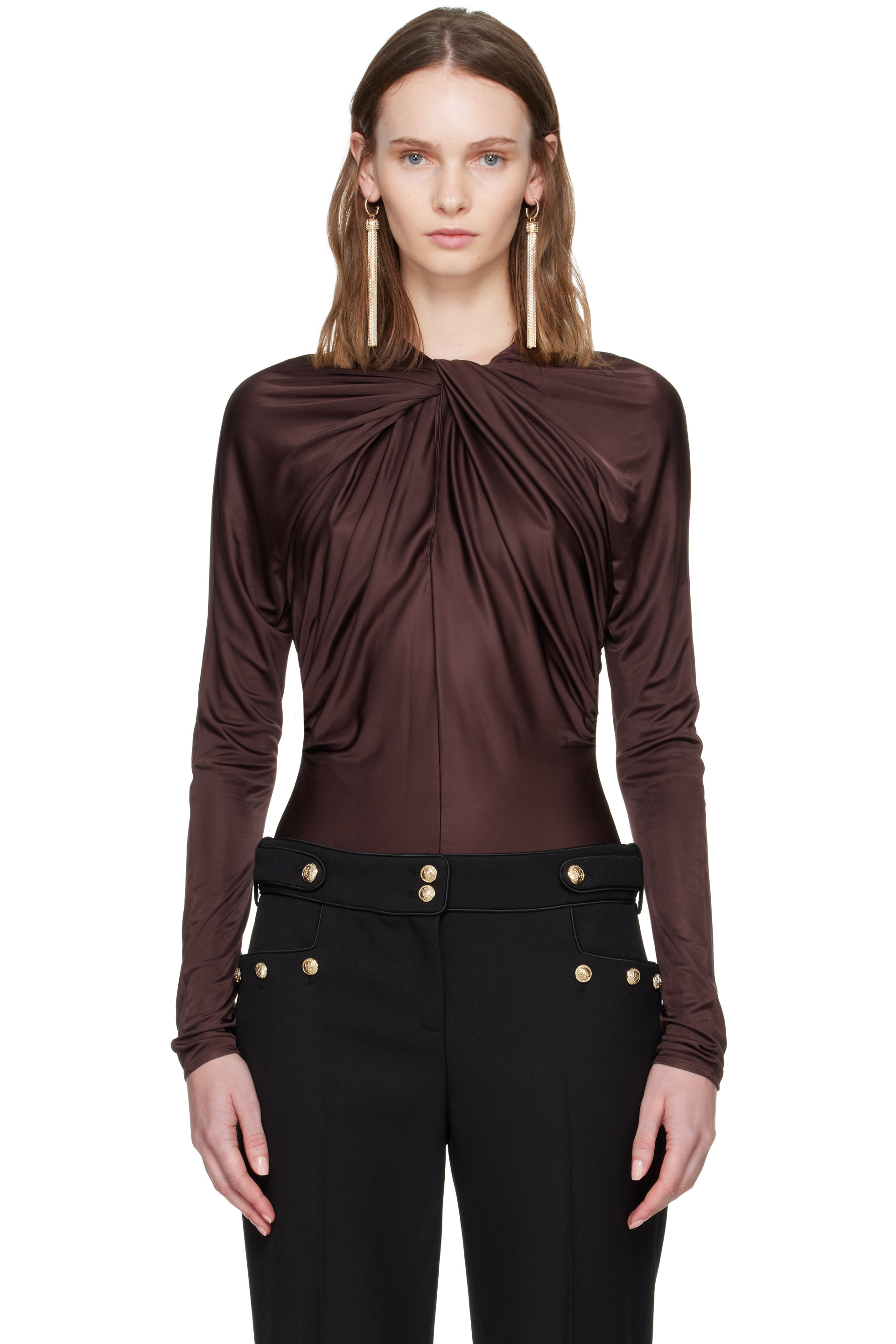 BALMAIN - Burgundy LS Twist Detail Bodysuit