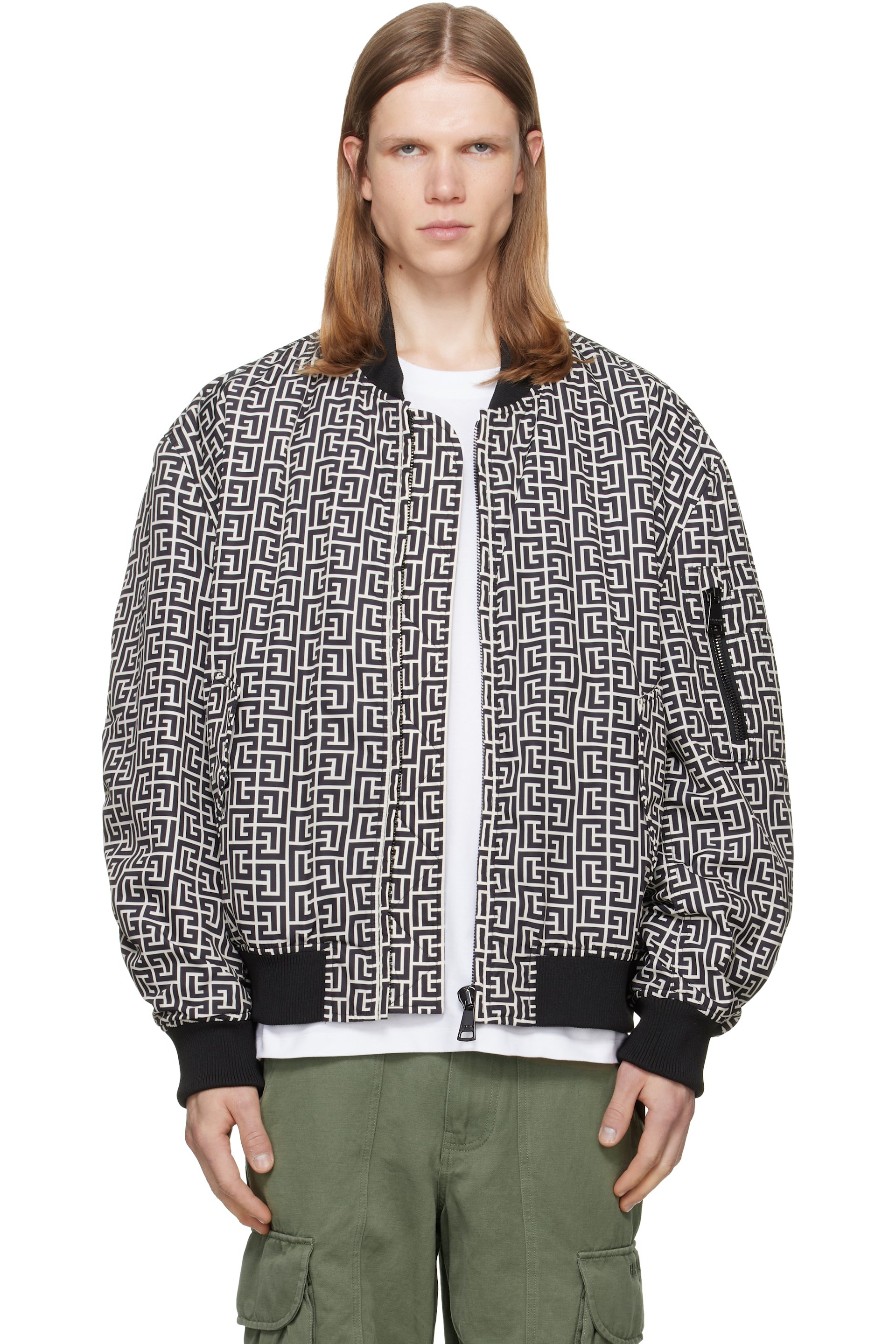 BALMAIN - Black & White Monogram Bomber Jacket