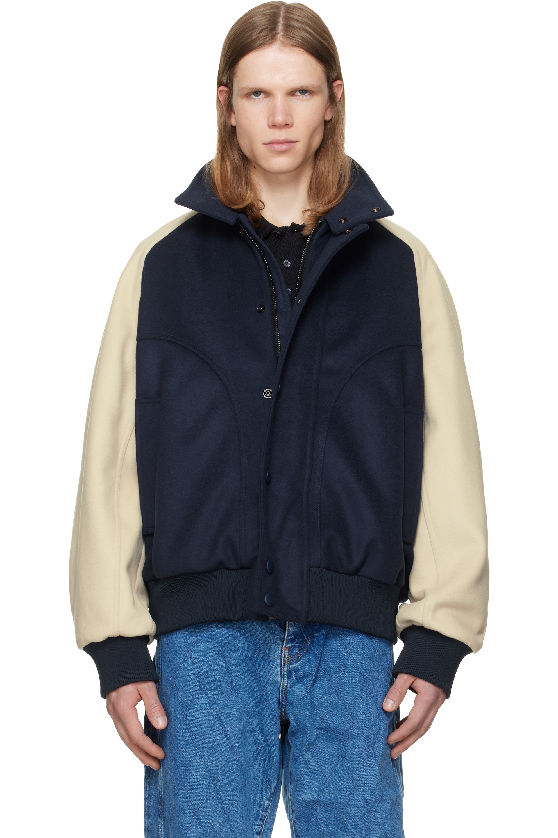 BALMAIN - Navy & Off-White Vintage Wool Bicolor Bomber Jacket