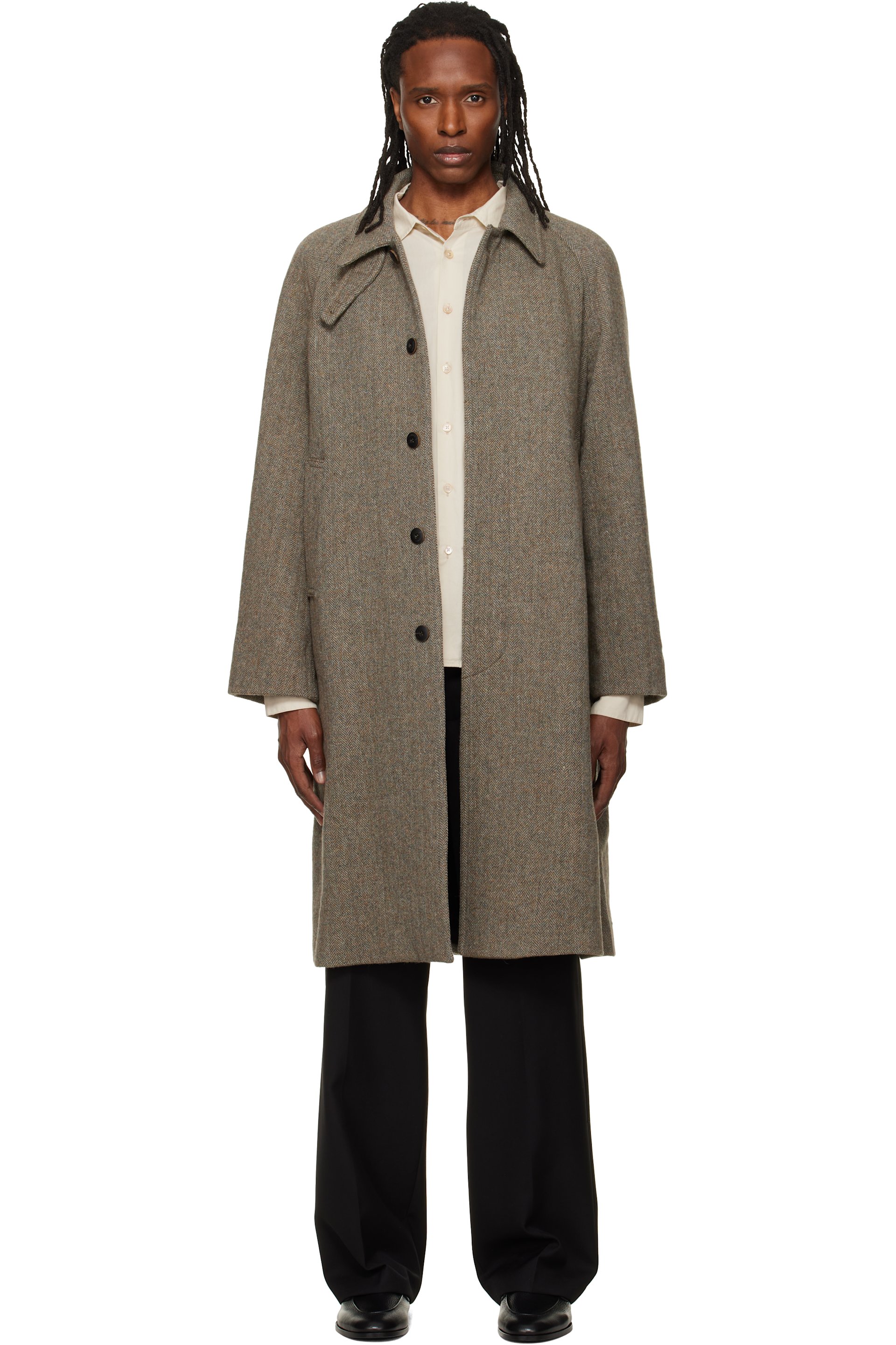 TONYWACK - Manteau beige en laine à motif chevronné et à manches raglan