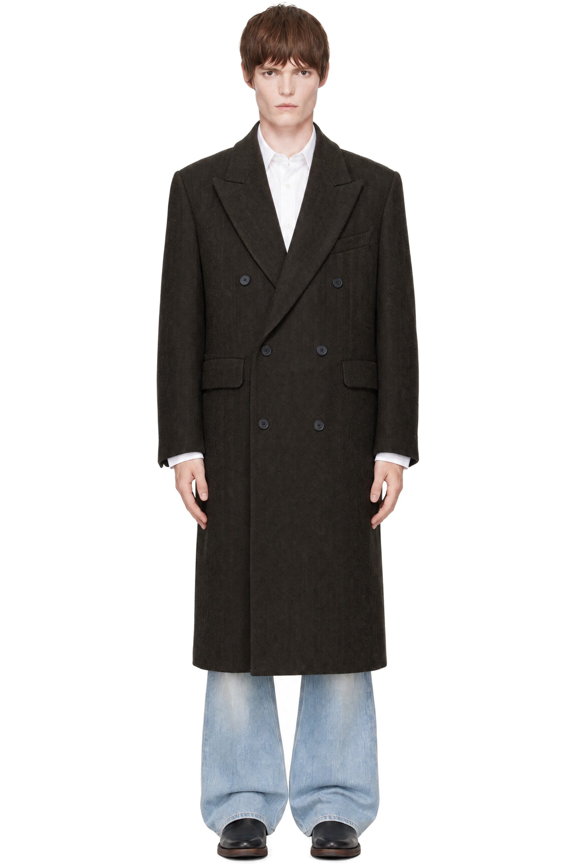 TONYWACK - Brown Herringbone Wool Double-Breasted Coat