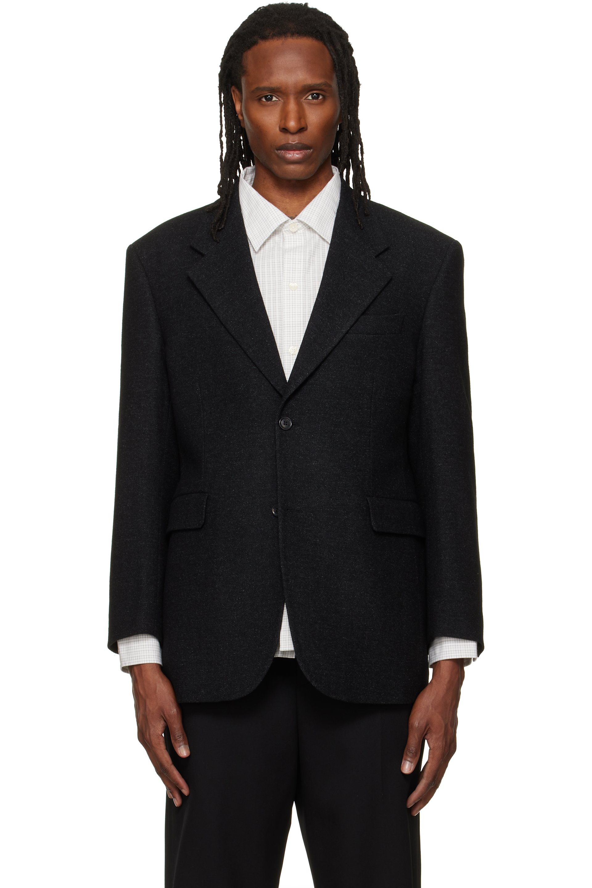 TONYWACK - Veston façon costume décontracté noir en laine à motif chevronné