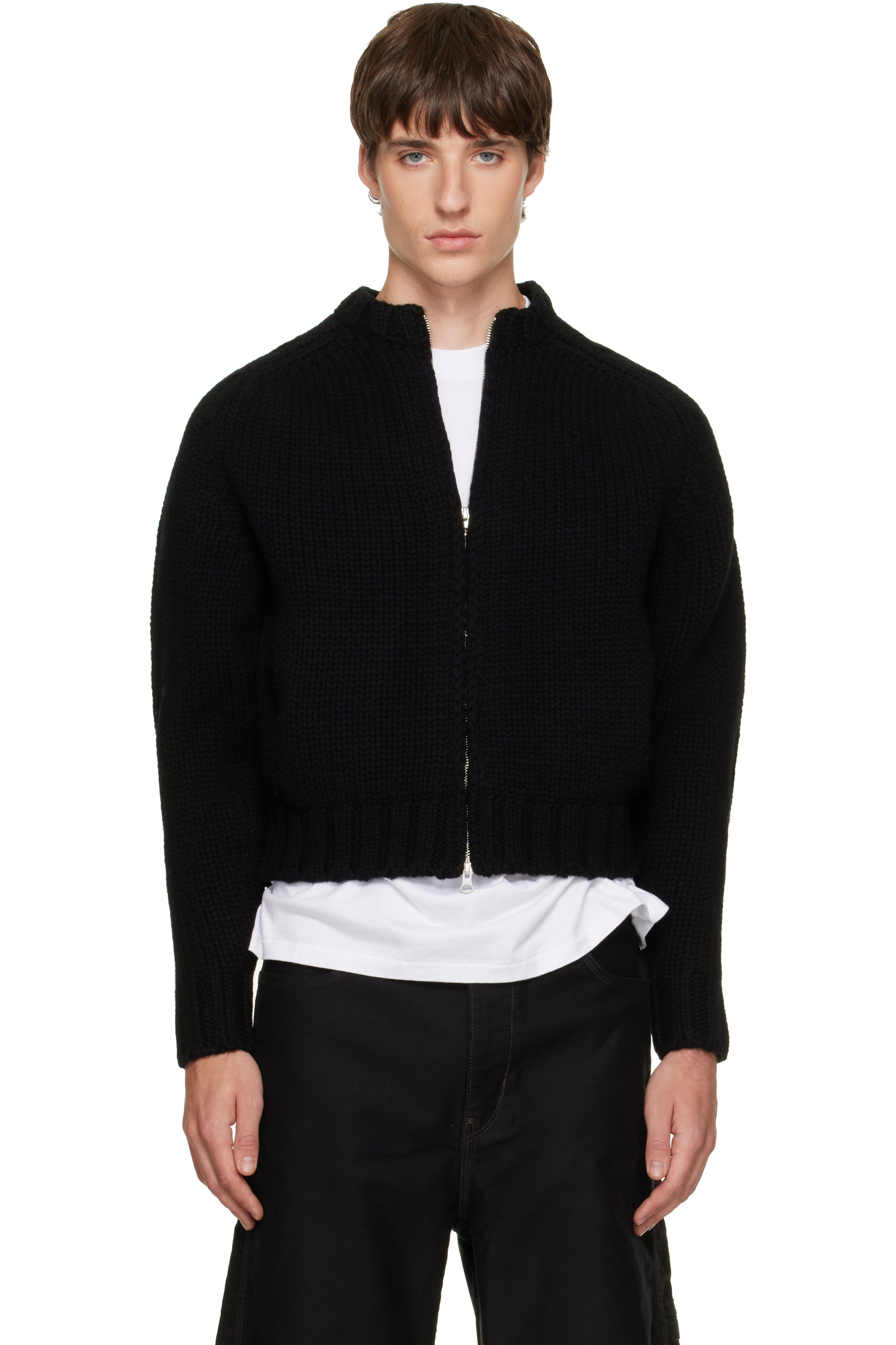 TONYWACK - Black Shetland Wool Knitted Zip Jacket