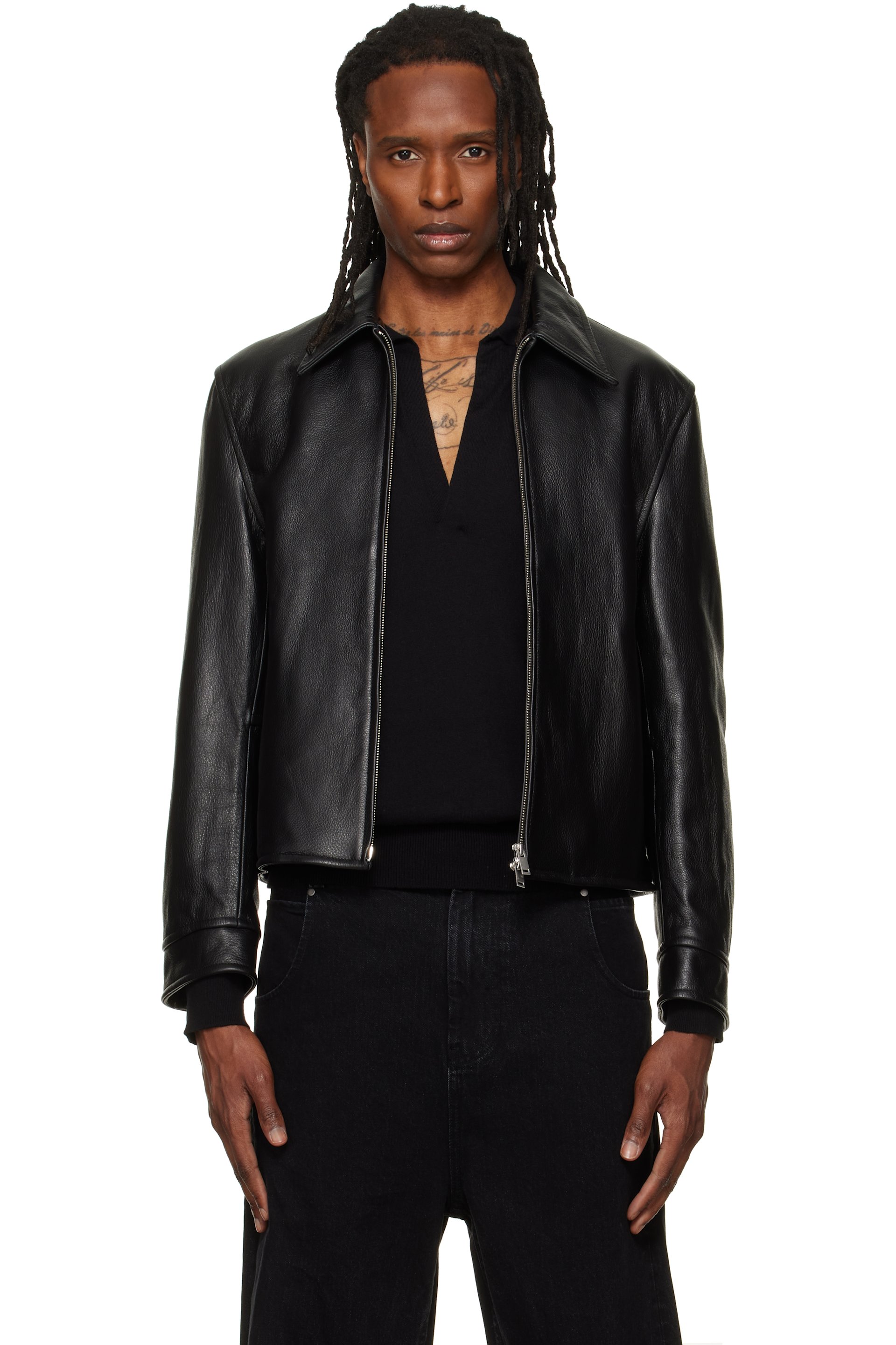 TONYWACK - Blouson noir en cuir à glissière et à boucles