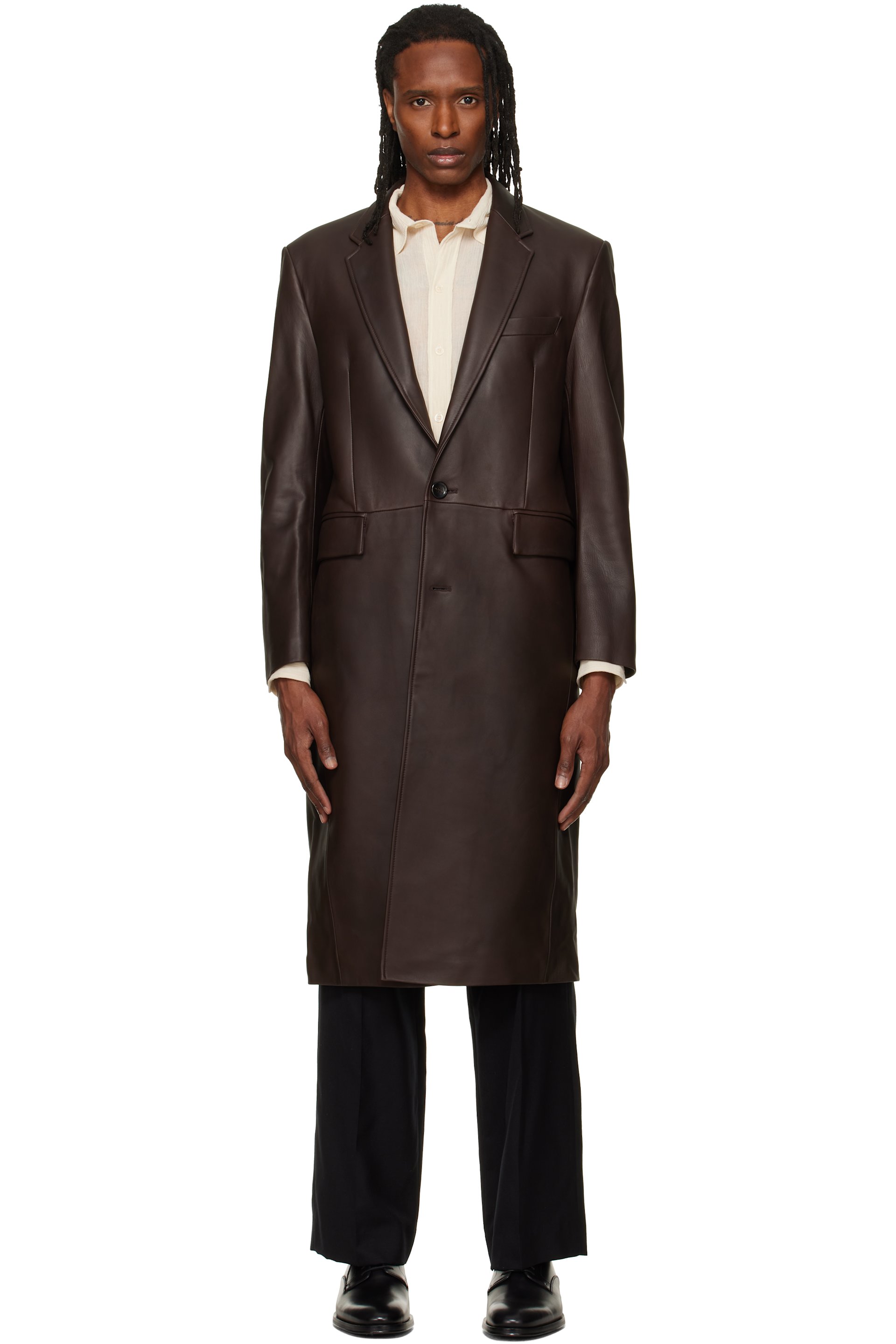 TONYWACK - Manteau brun en cuir d'agneau à simple boutonnage