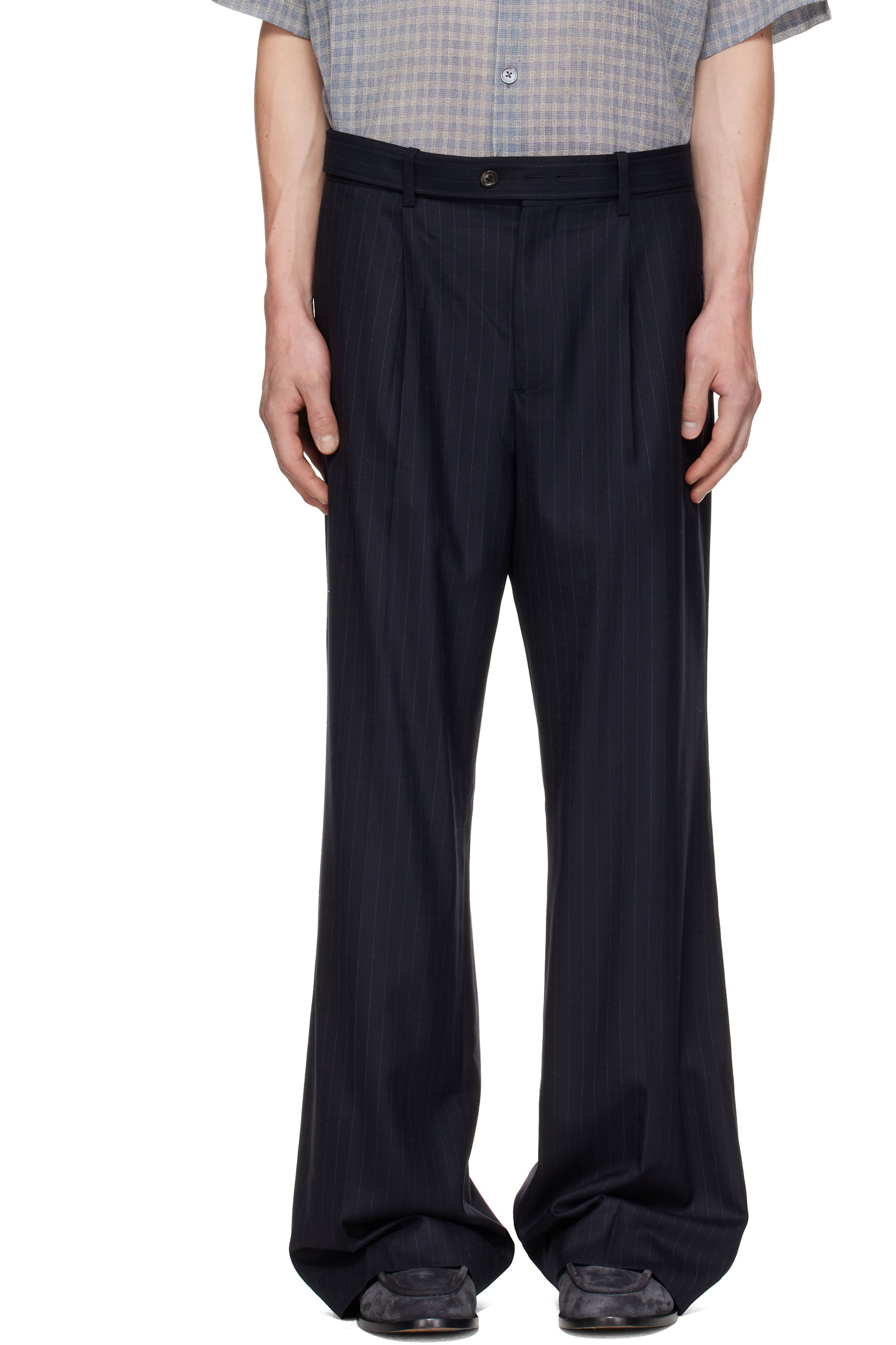 TONYWACK - Pantalon bleu marine en laine à rayures fines et à ceinture