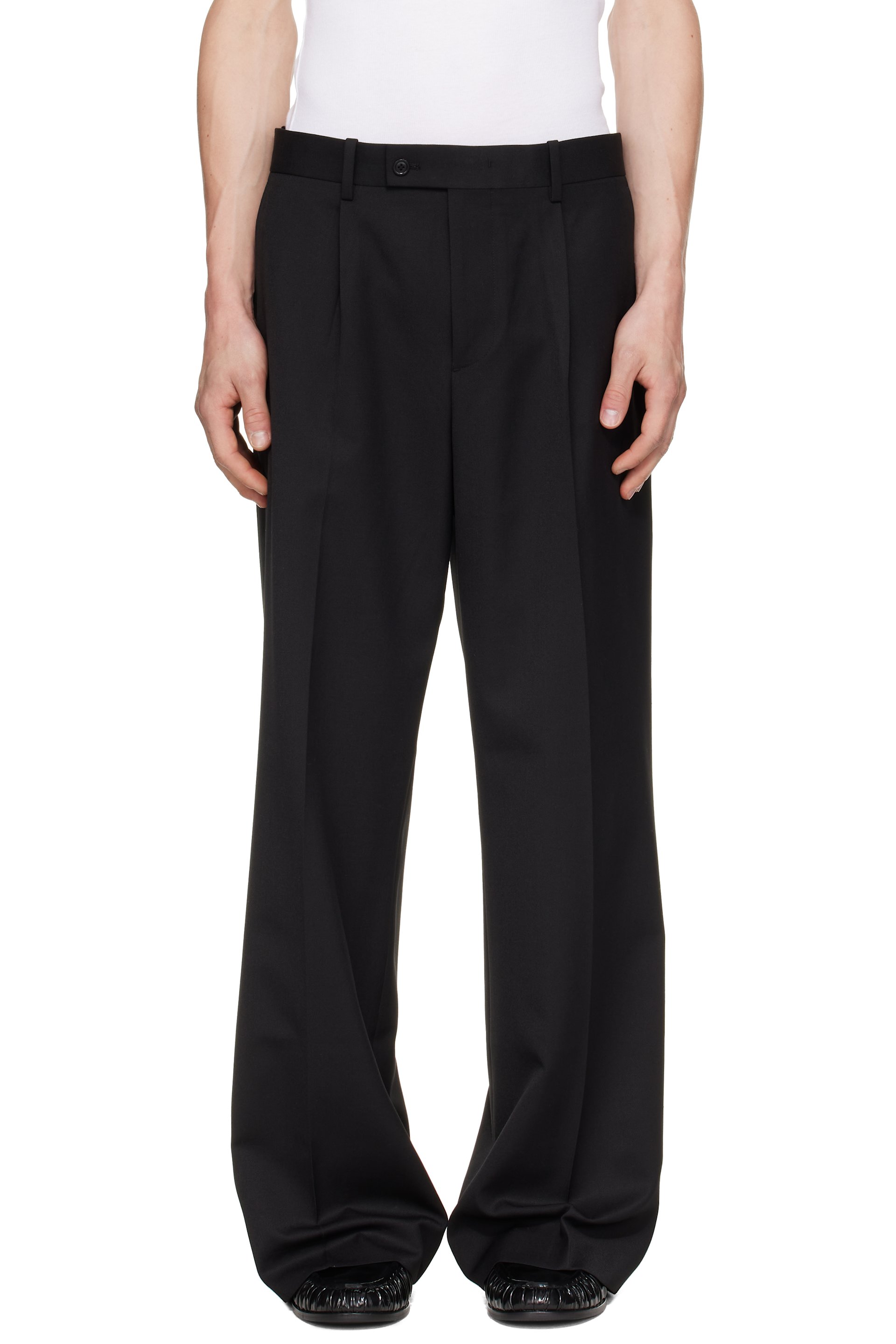 TONYWACK - Pantalon ample noir en laine mélangée à plis