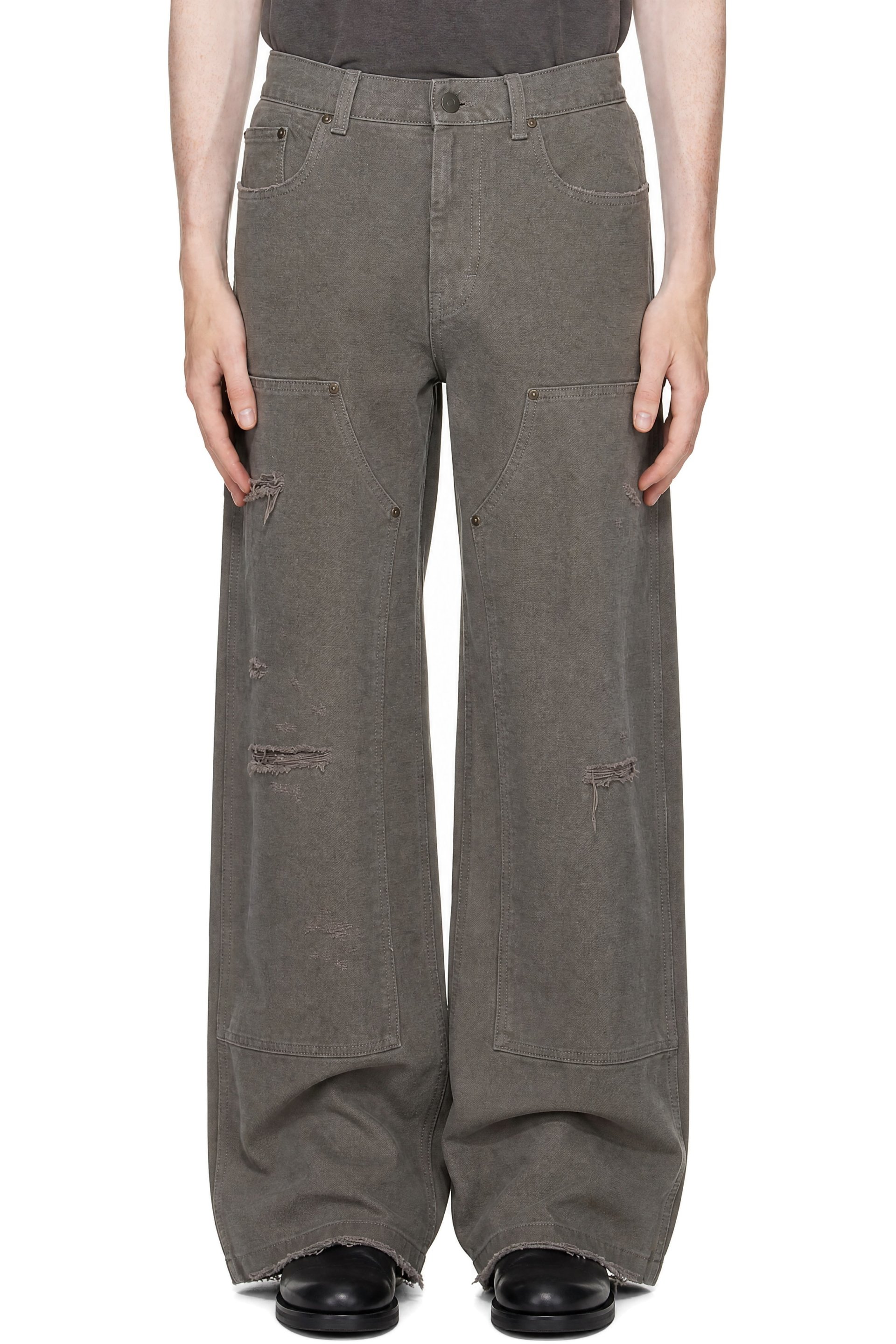 TONYWACK - Gray Grain Canvas Distressed Work Pants