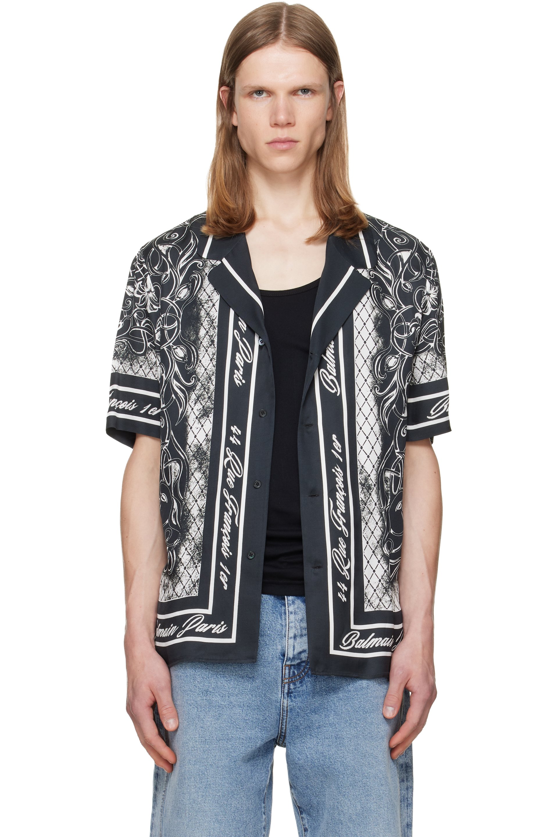 BALMAIN - Gray Printed Foulard Pyjama Shirt