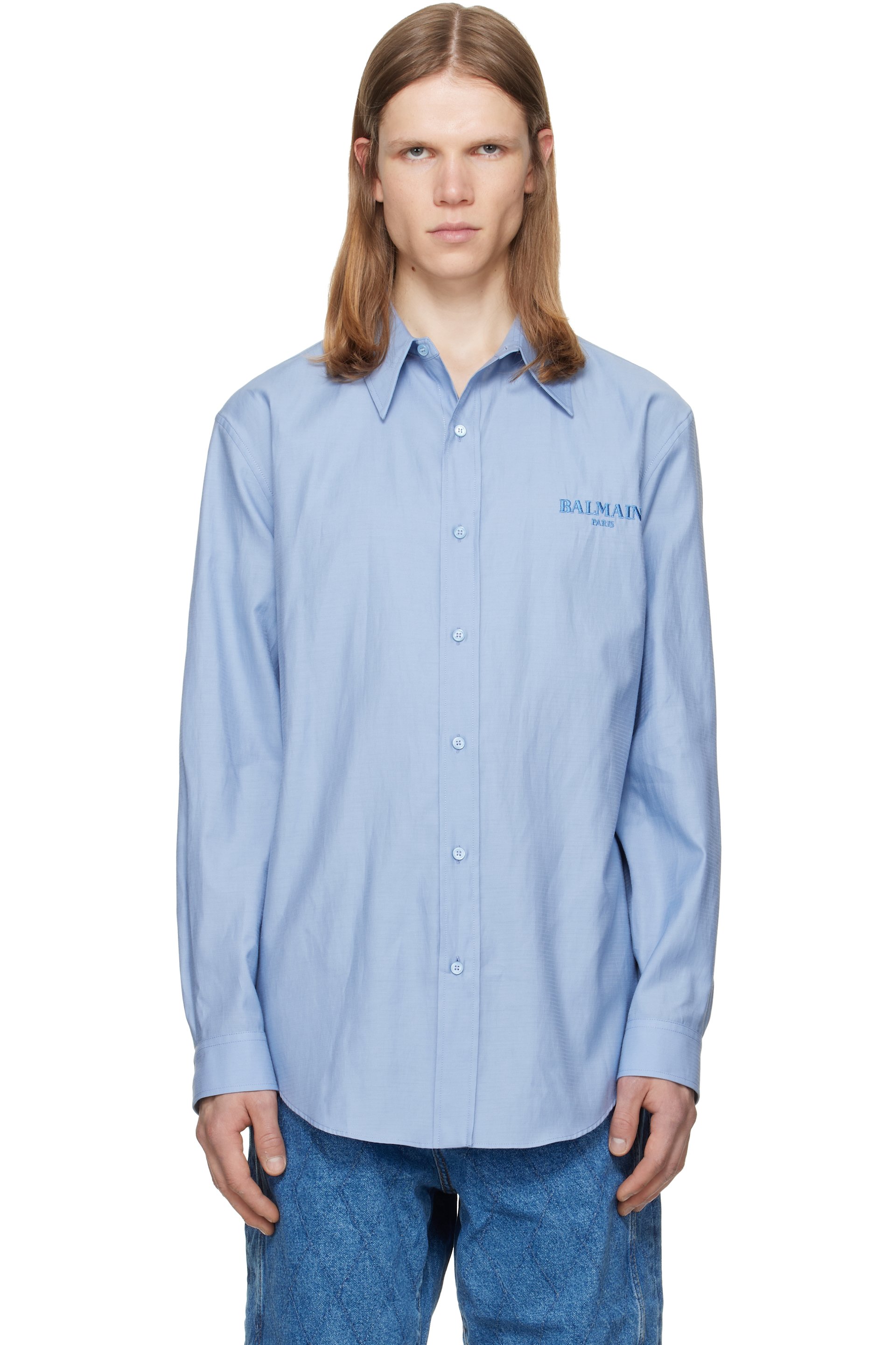 BALMAIN - Blue Herringbone Poplin Regular Shirt
