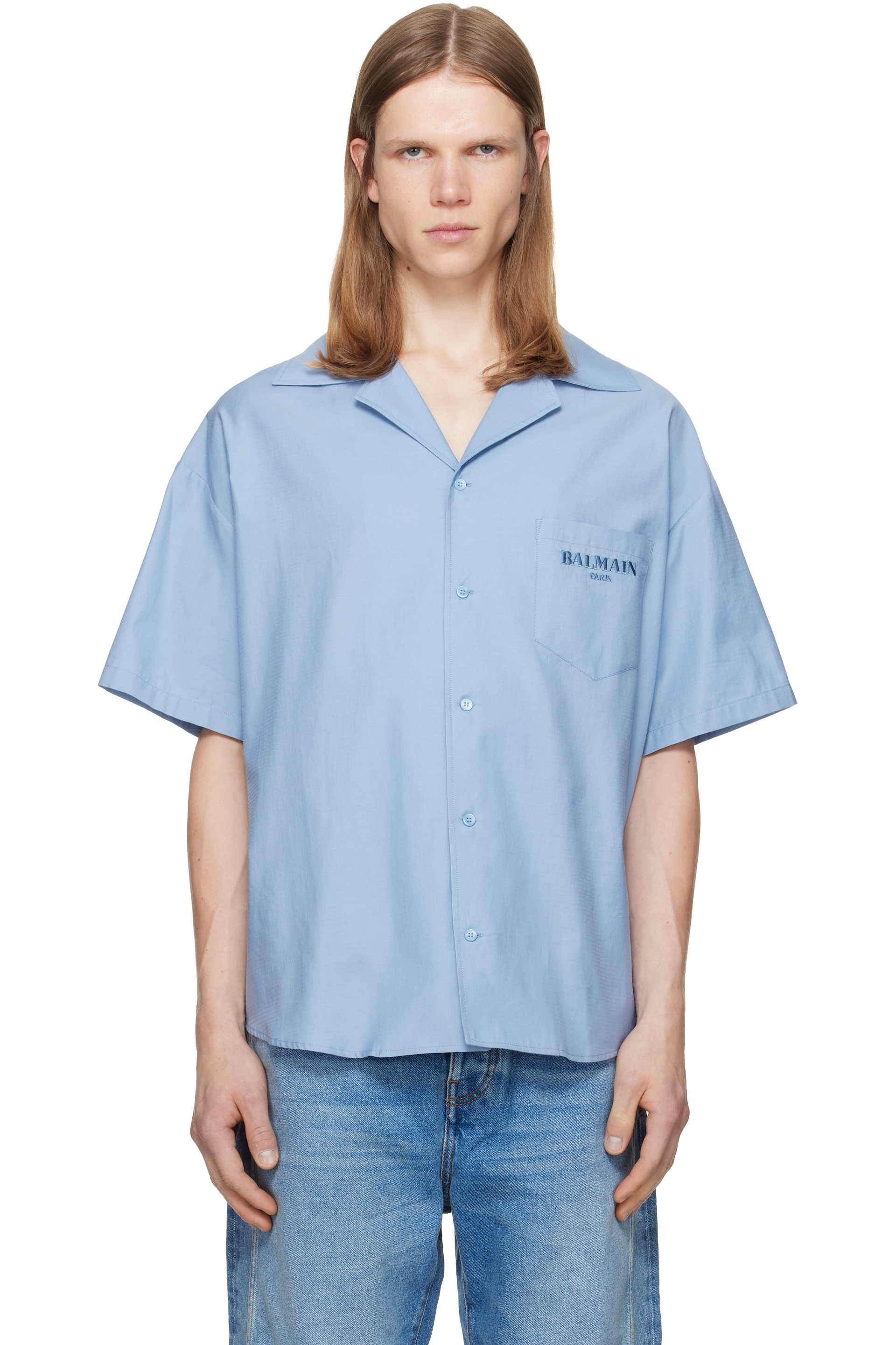 BALMAIN - Blue Herringbone Poplin Short Sleeve Shirt