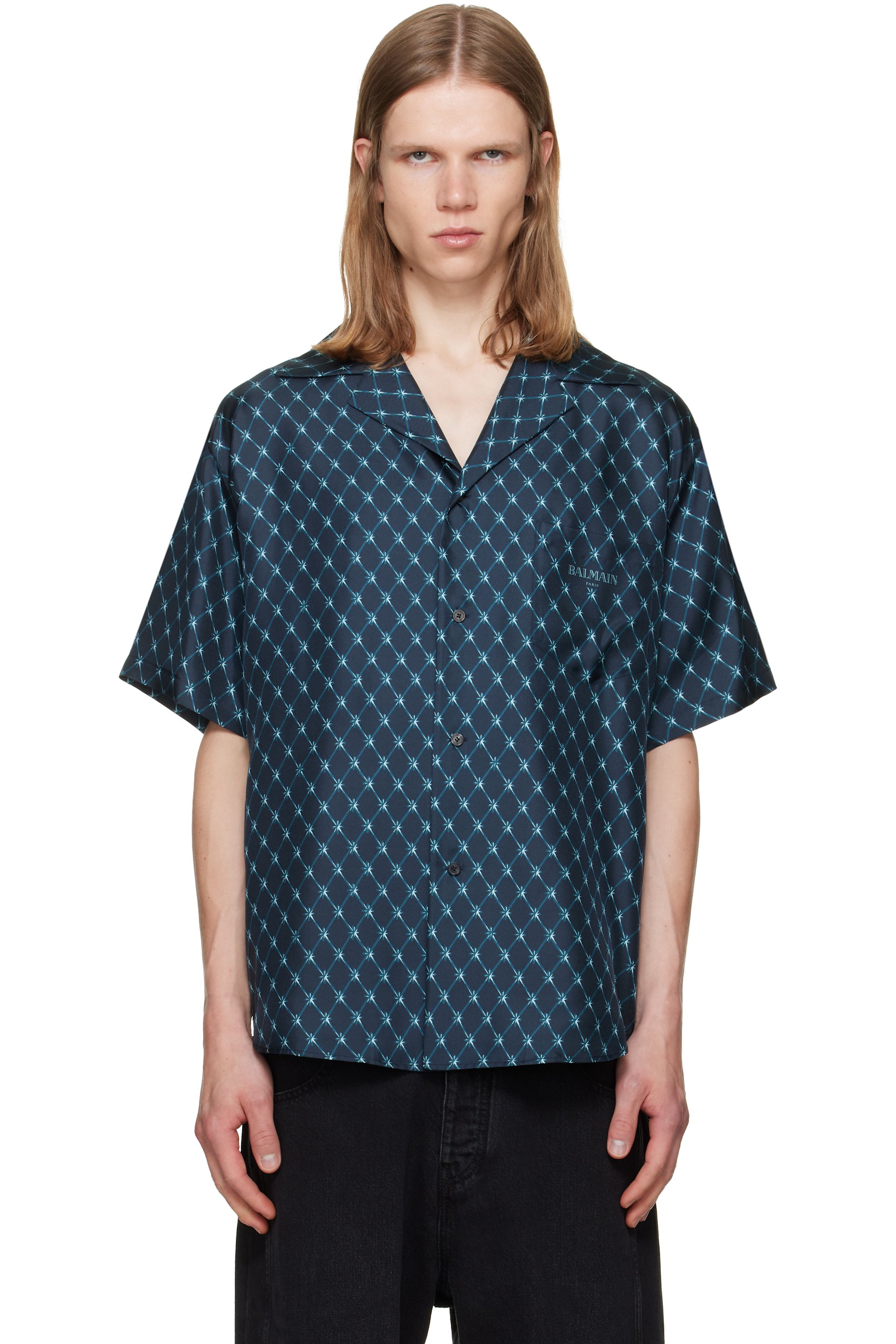 BALMAIN - Navy Grid Print Silk Loose S/S Shirt
