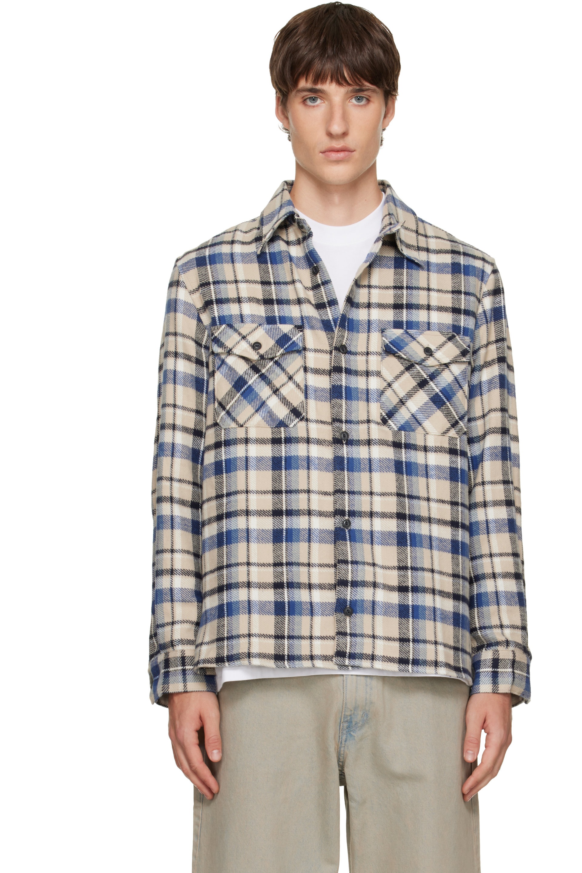 TONYWACK - Beige & Blue Checked Cotton Flannel Shirt
