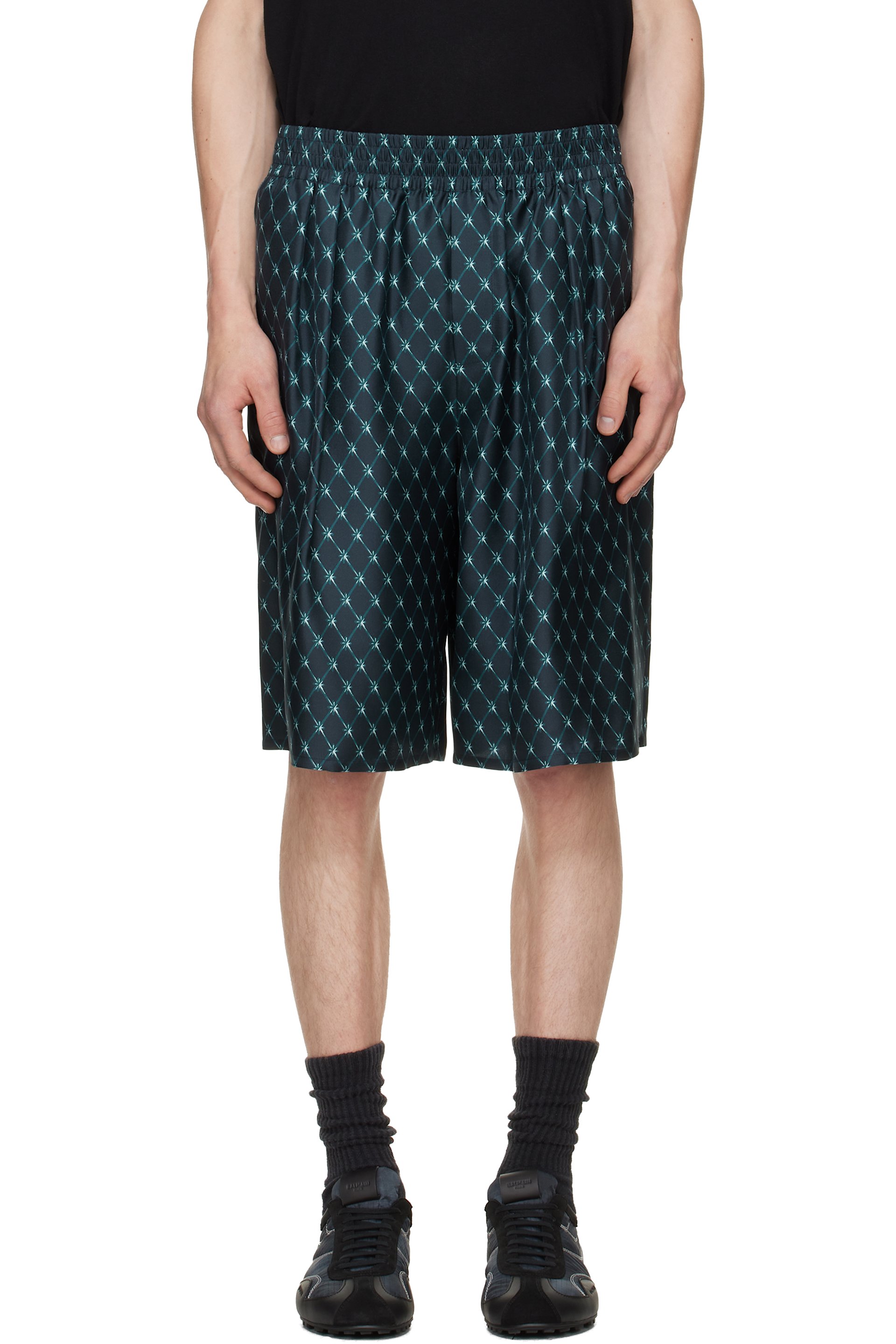 BALMAIN - Blue Grid Print Silk Loose Pyjama Shorts