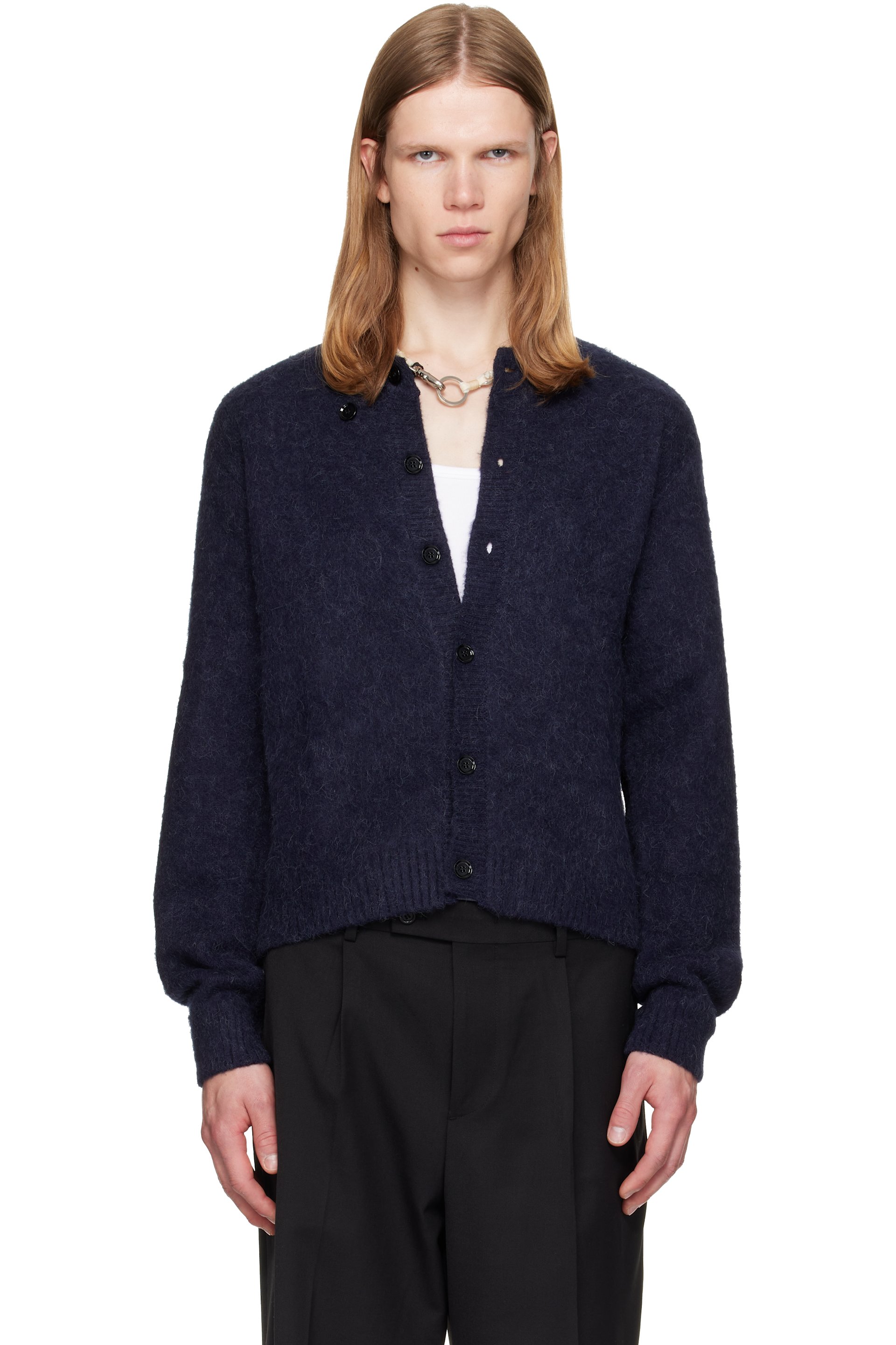 TONYWACK - Navy Brushed Wool Crew-Neck Cardigan