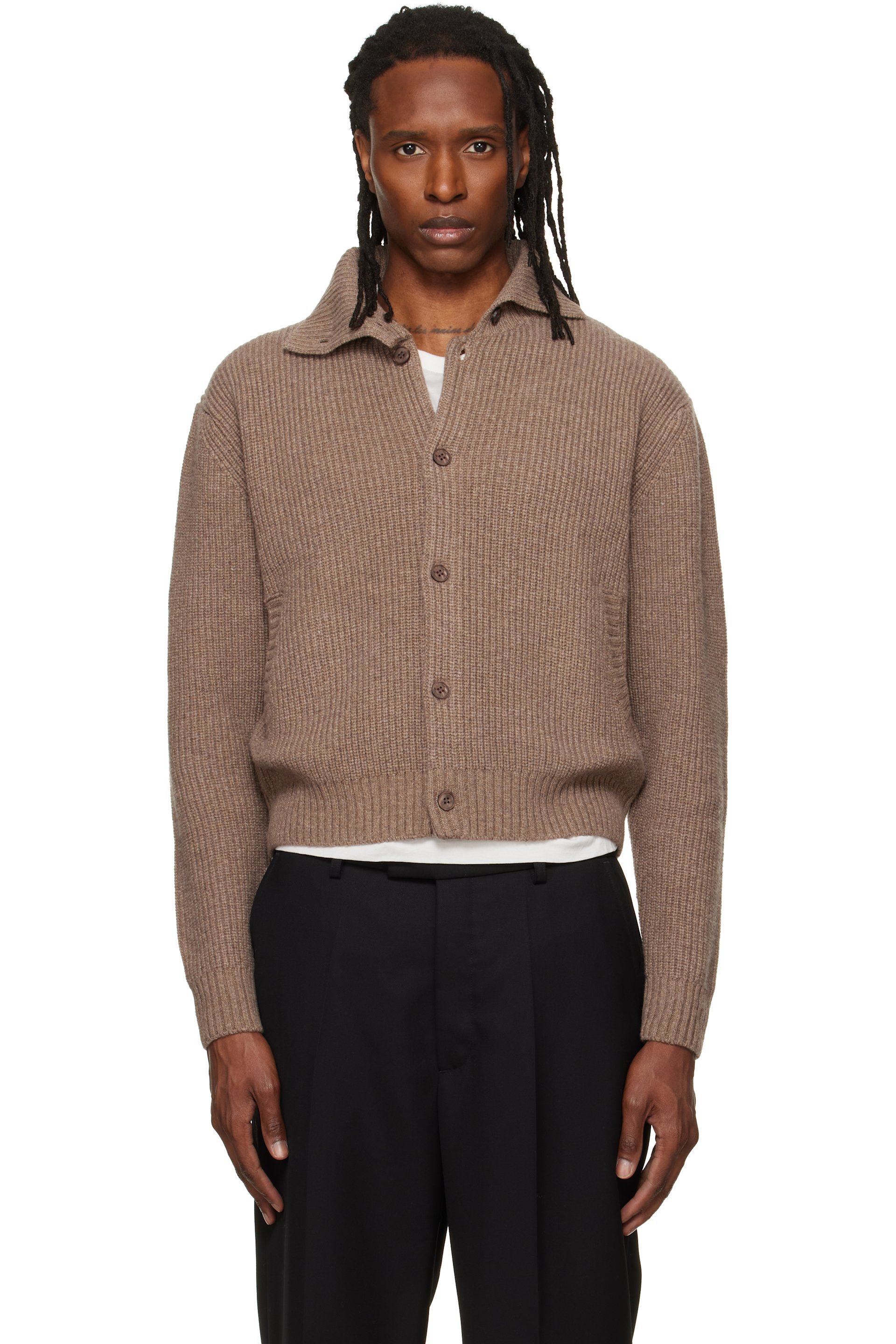 TONYWACK - Beige High Neck Merino Wool Cardigan