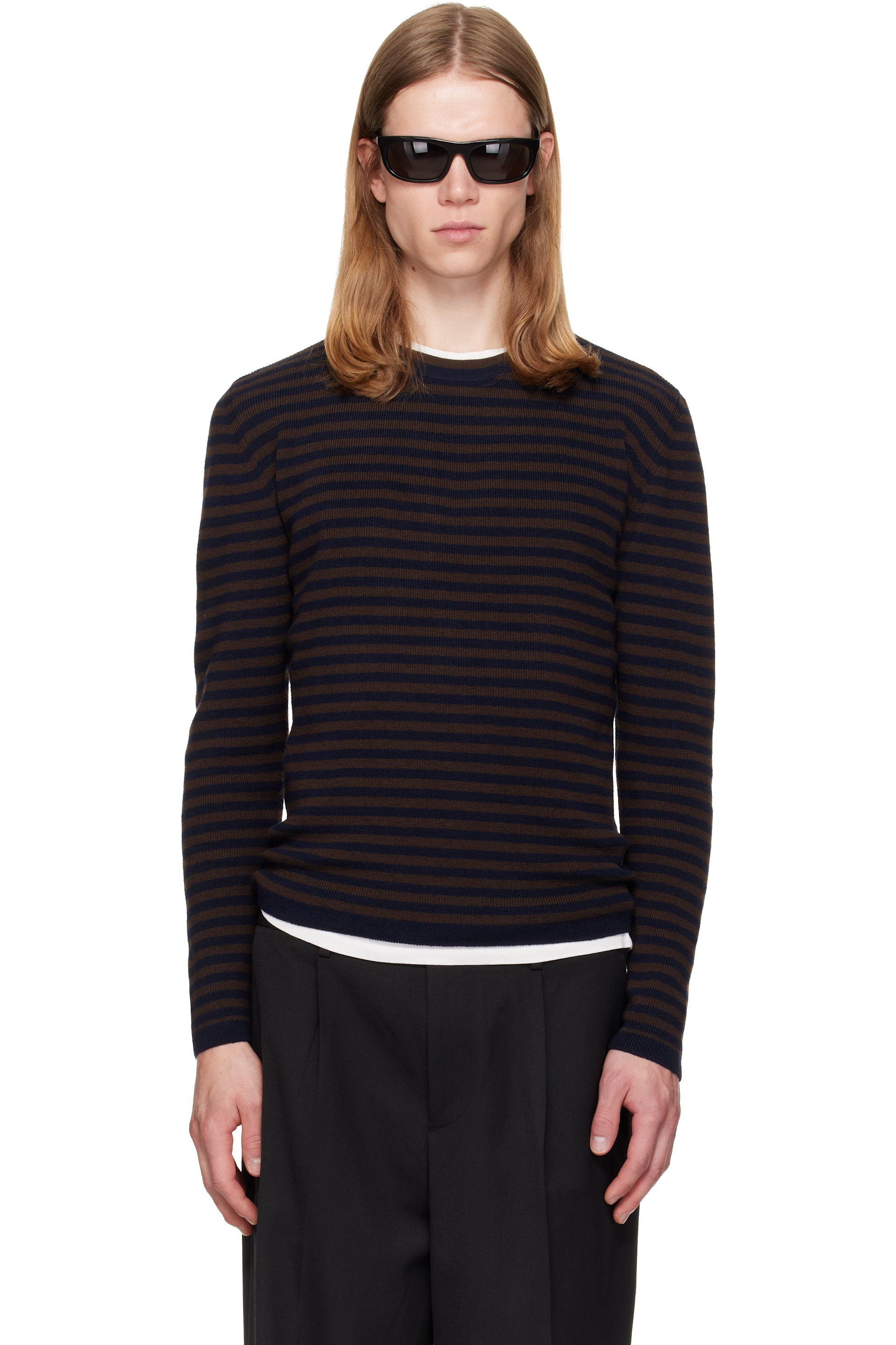 TONYWACK - Brown & Navy Merino Wool Essential Stripe Sweater