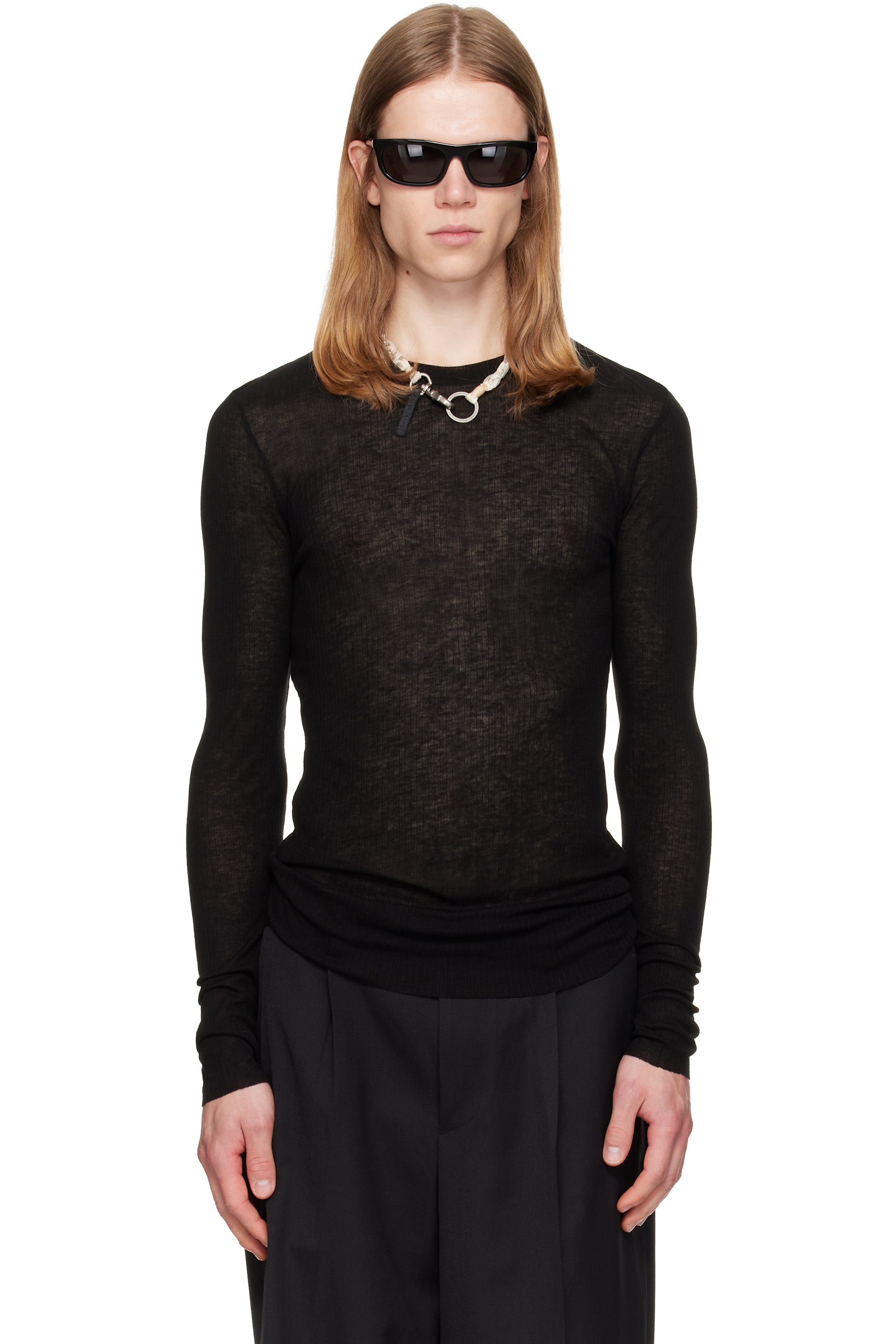 TONYWACK - Black Sheer Wool Ribbed Knit Sweater