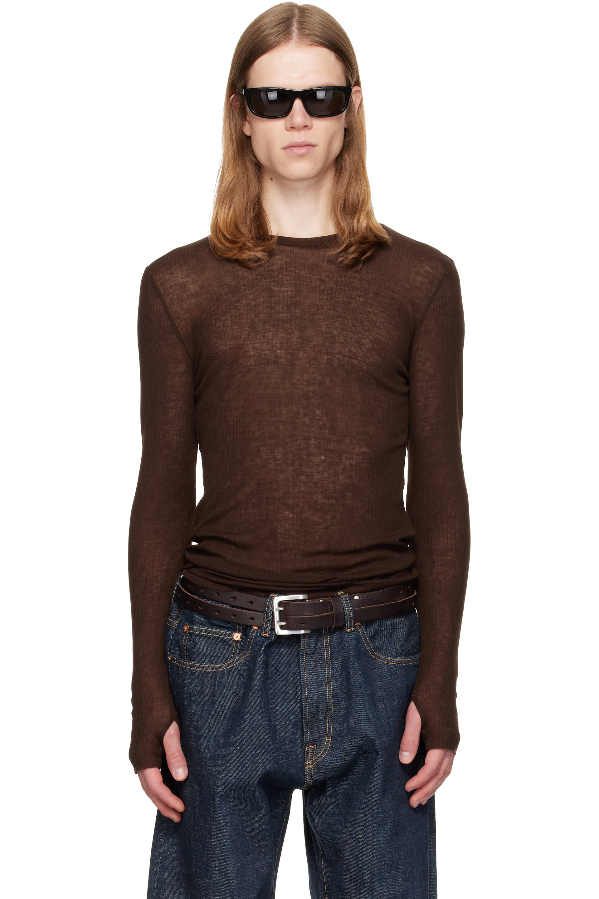 TONYWACK - Brown Sheer Wool Ribbed Knit Sweater