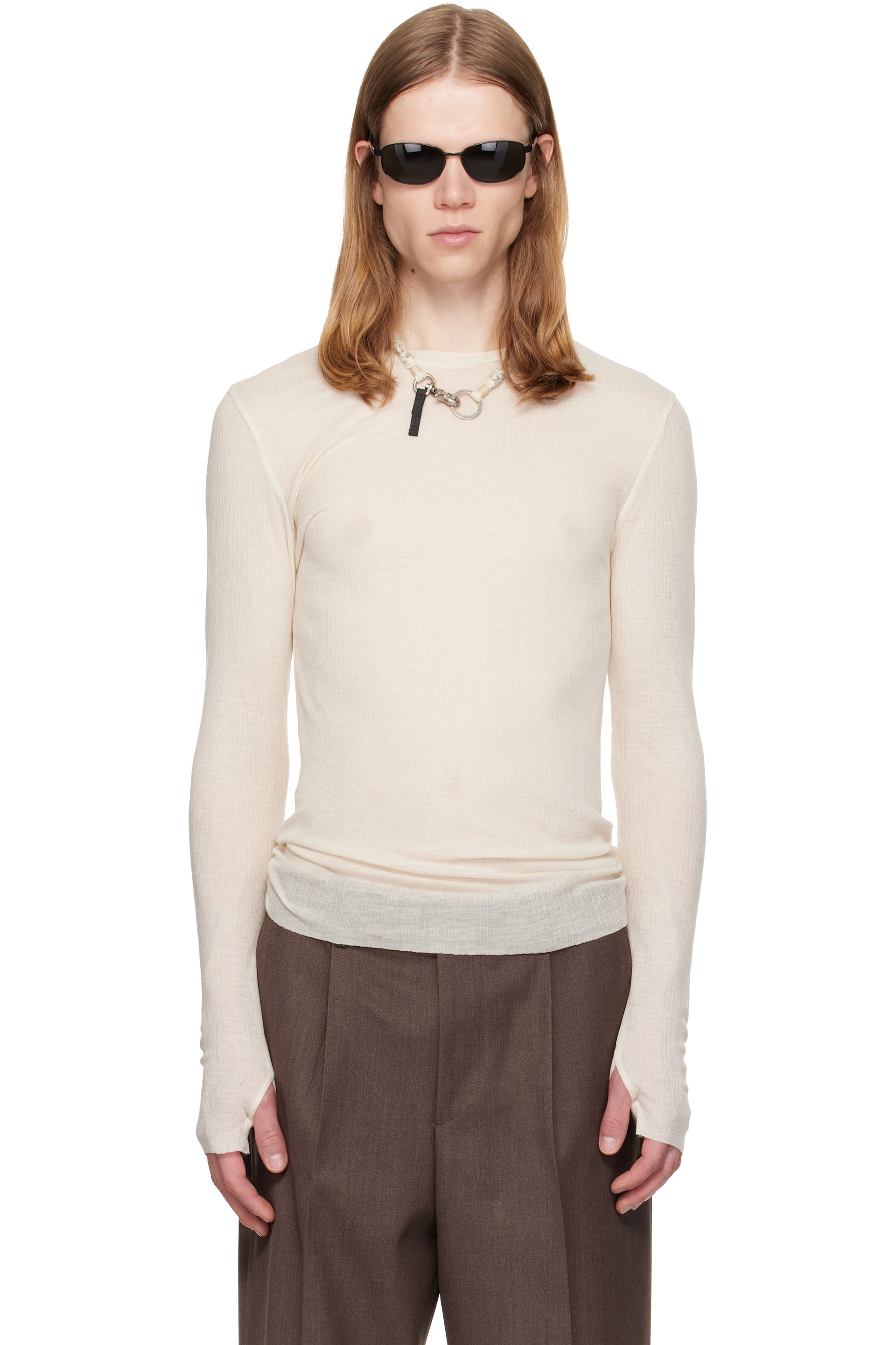TONYWACK - Off-White Sheer Wool Ribbed Knit Sweater