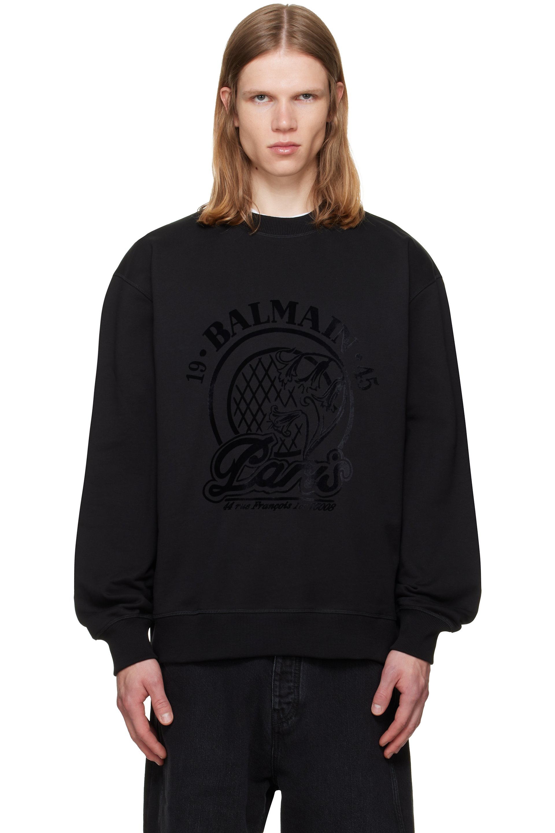 BALMAIN - Black 'Balmain' Quilted Flock Sweatshirt