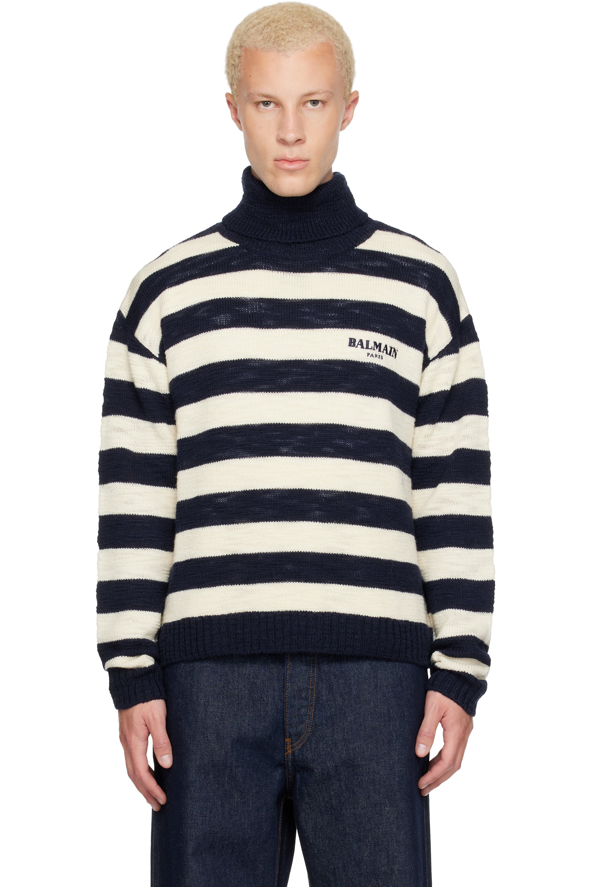 Balmain - Col roulé rétro bleu marine et blanc cassé en laine à rayures marinières