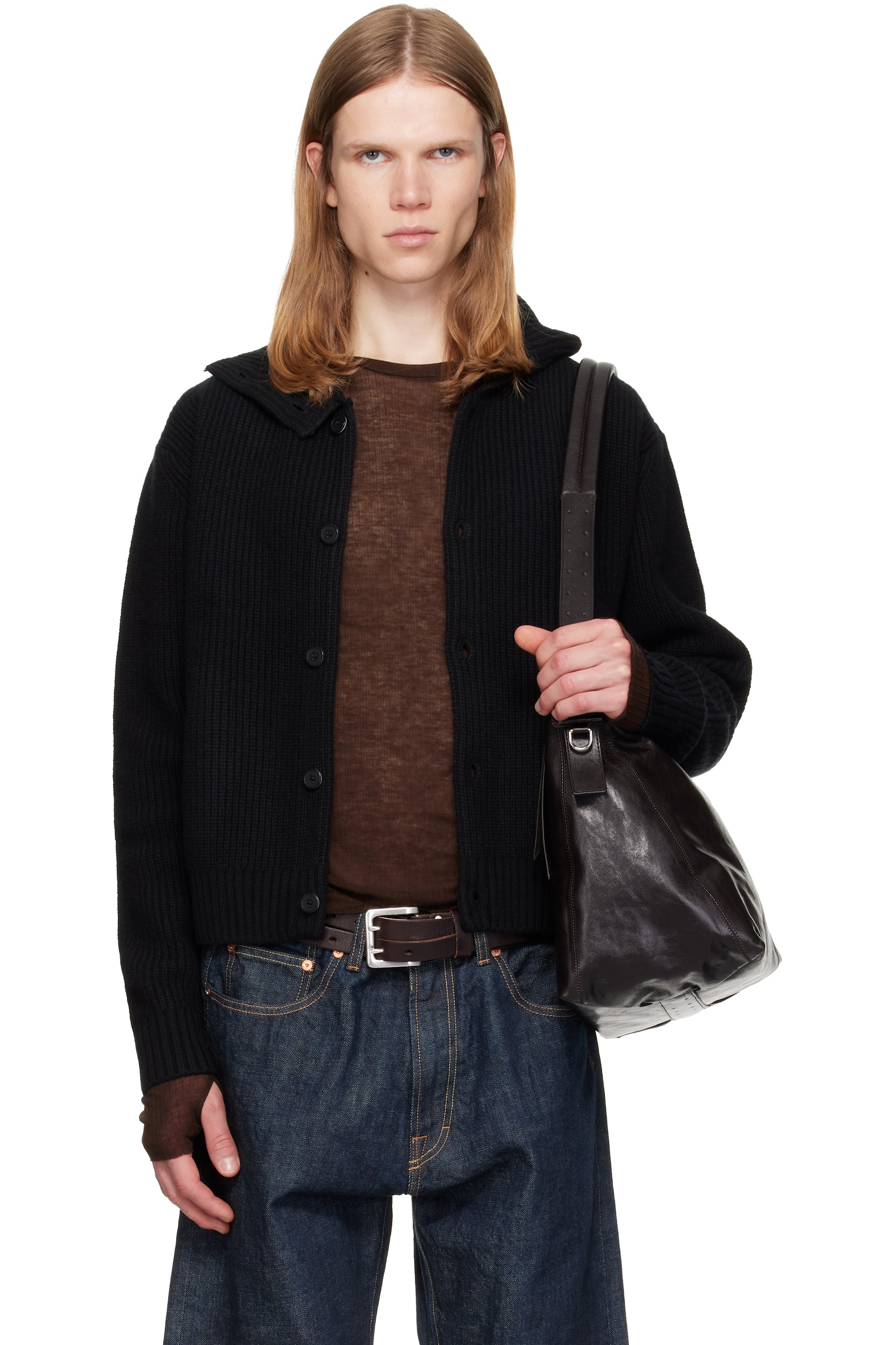 TONYWACK - Black High Neck Merino Wool Button-Up Cardigan