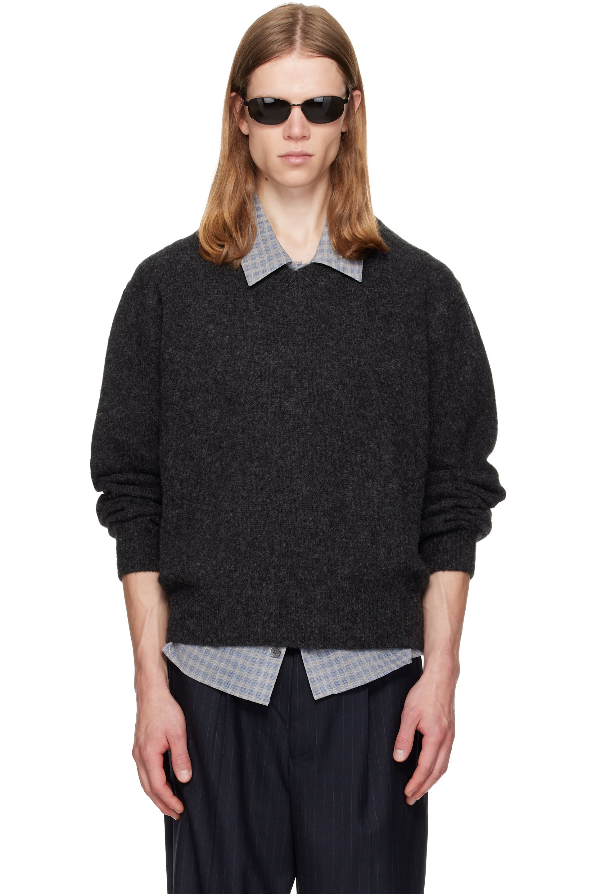TONYWACK - Gray Brushed Shaggy Dog V-Neck Sweater