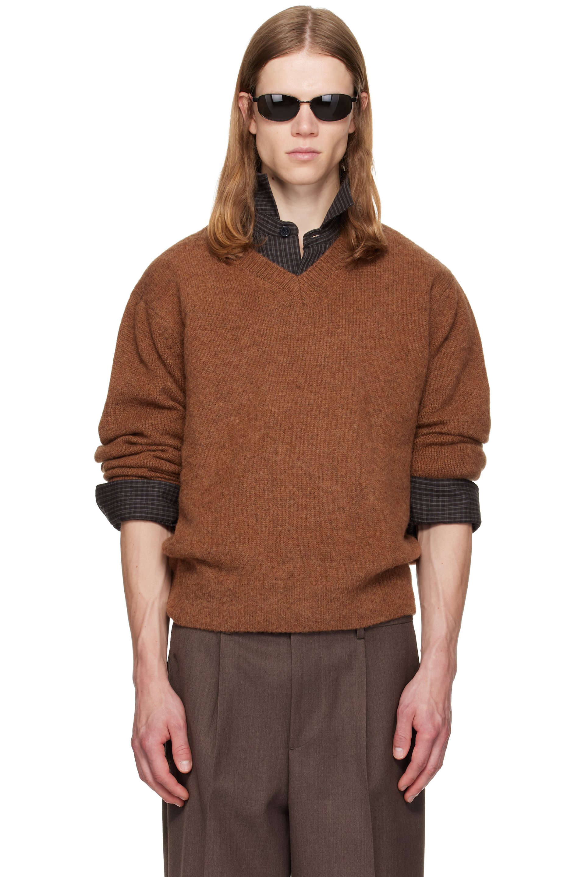 TONYWACK - Tan Brushed Shaggy Dog V-Neck Sweater