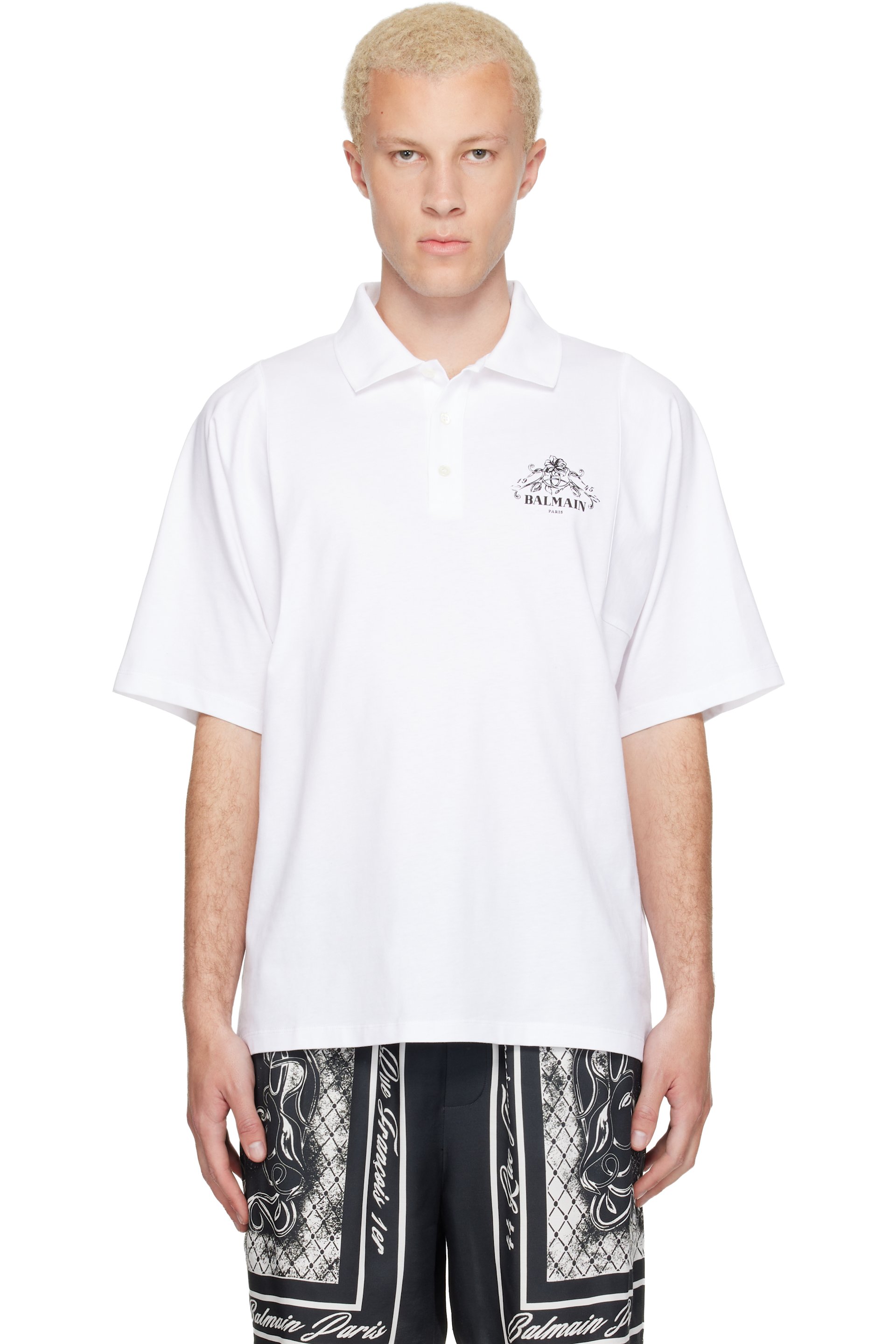 BALMAIN - White Printed 'Balmain Vine' Polo