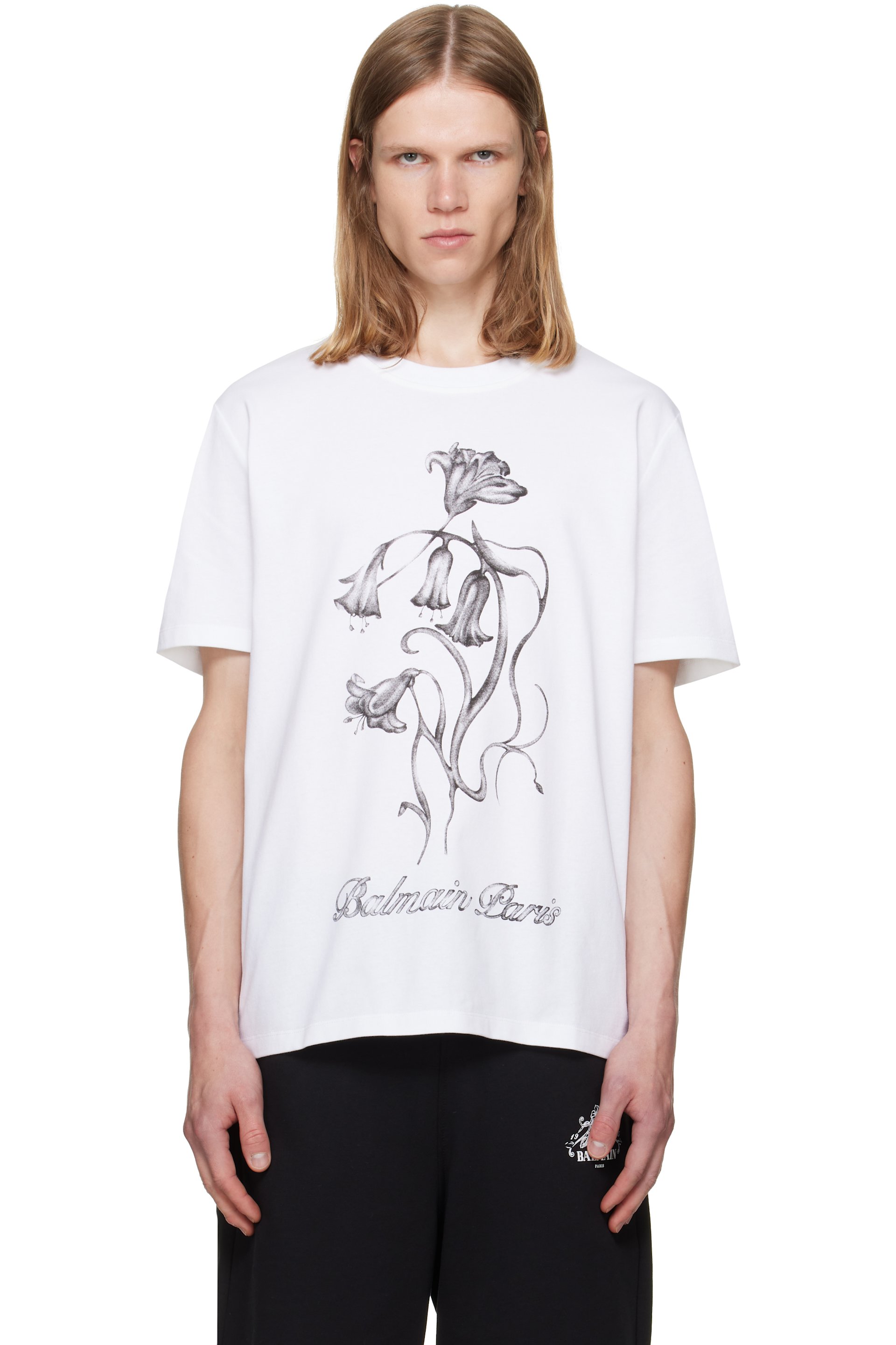 BALMAIN - White 'Balmain Flower' Print T-shirt