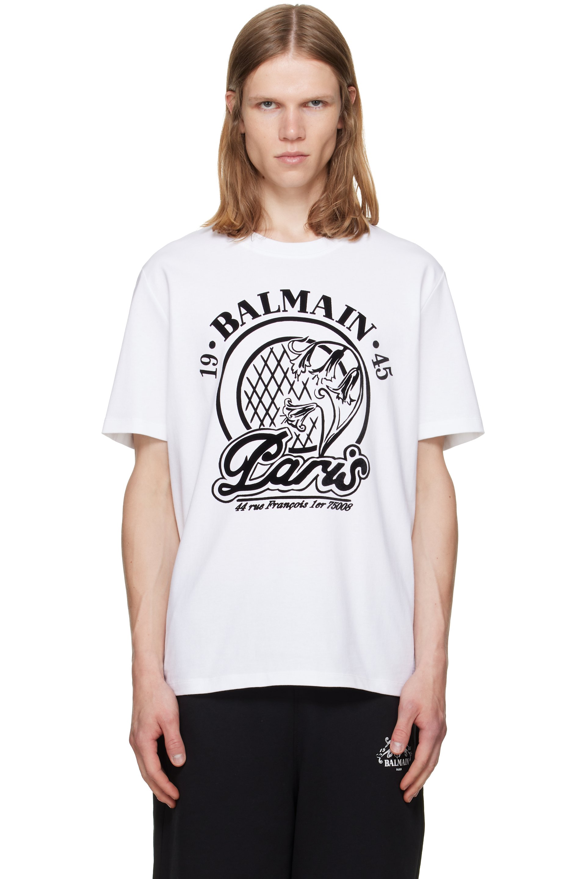 BALMAIN - White 'Balmain' Quilted Flock T-shirt