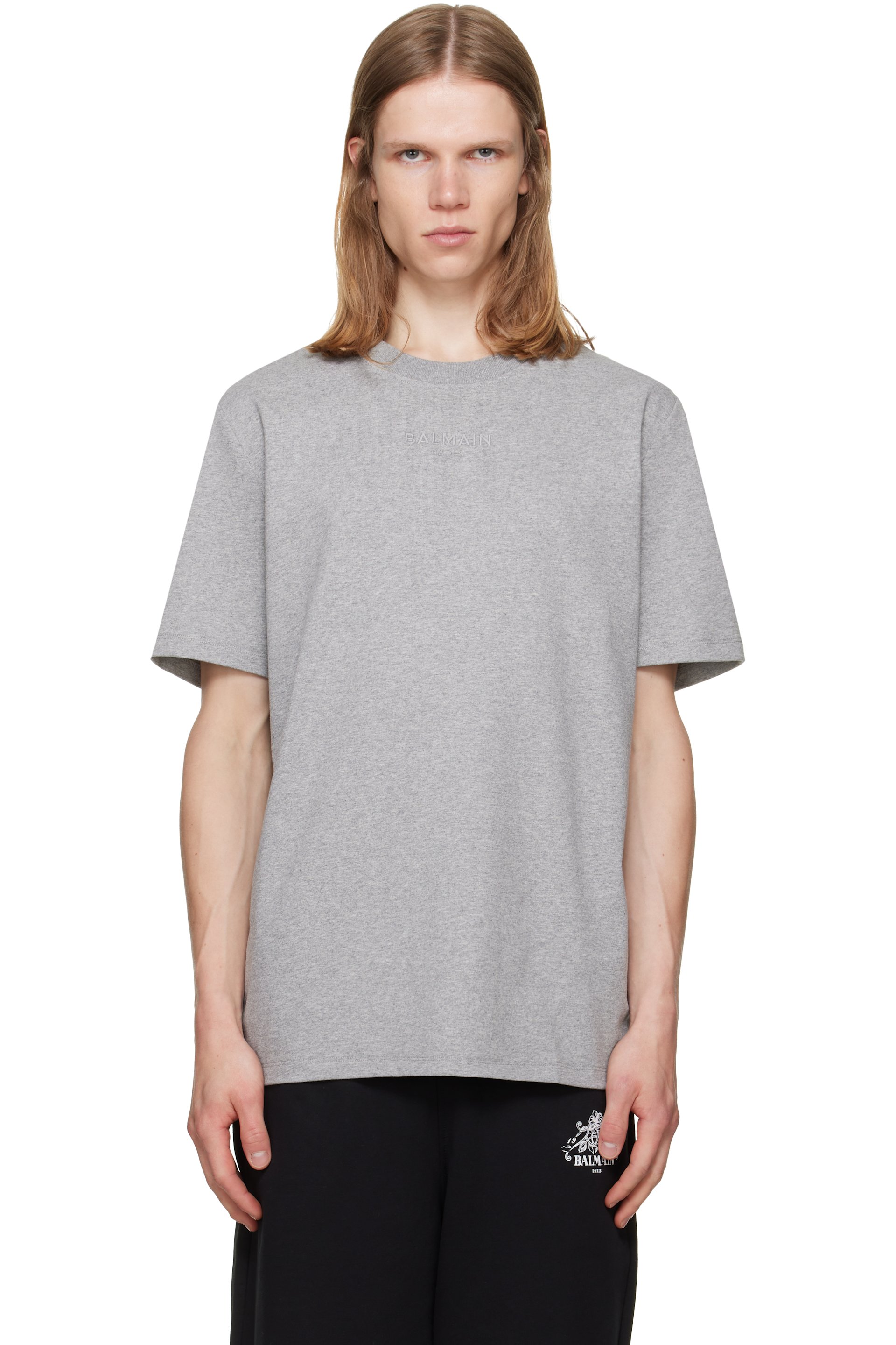 Balmain - T-shirt gris à logo brodé