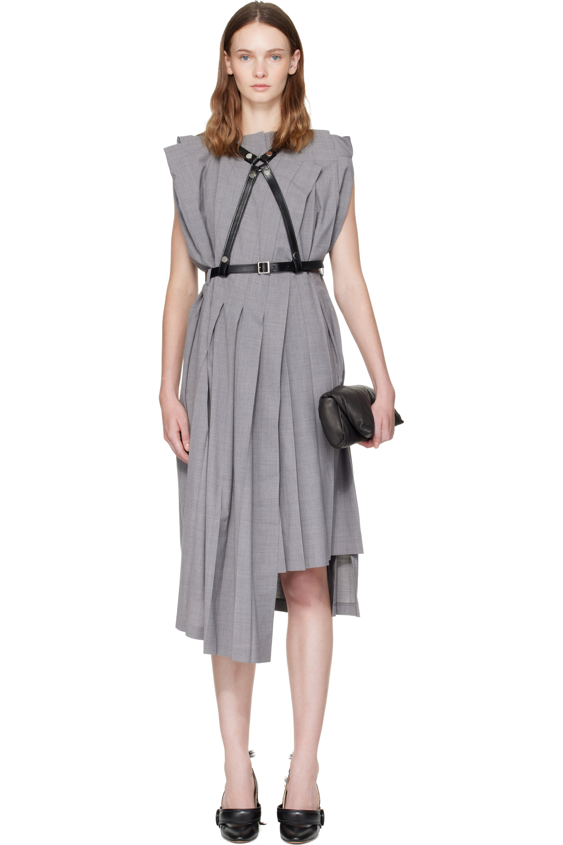 Junya Watanabe - Robe midi grise à plis et à harnais