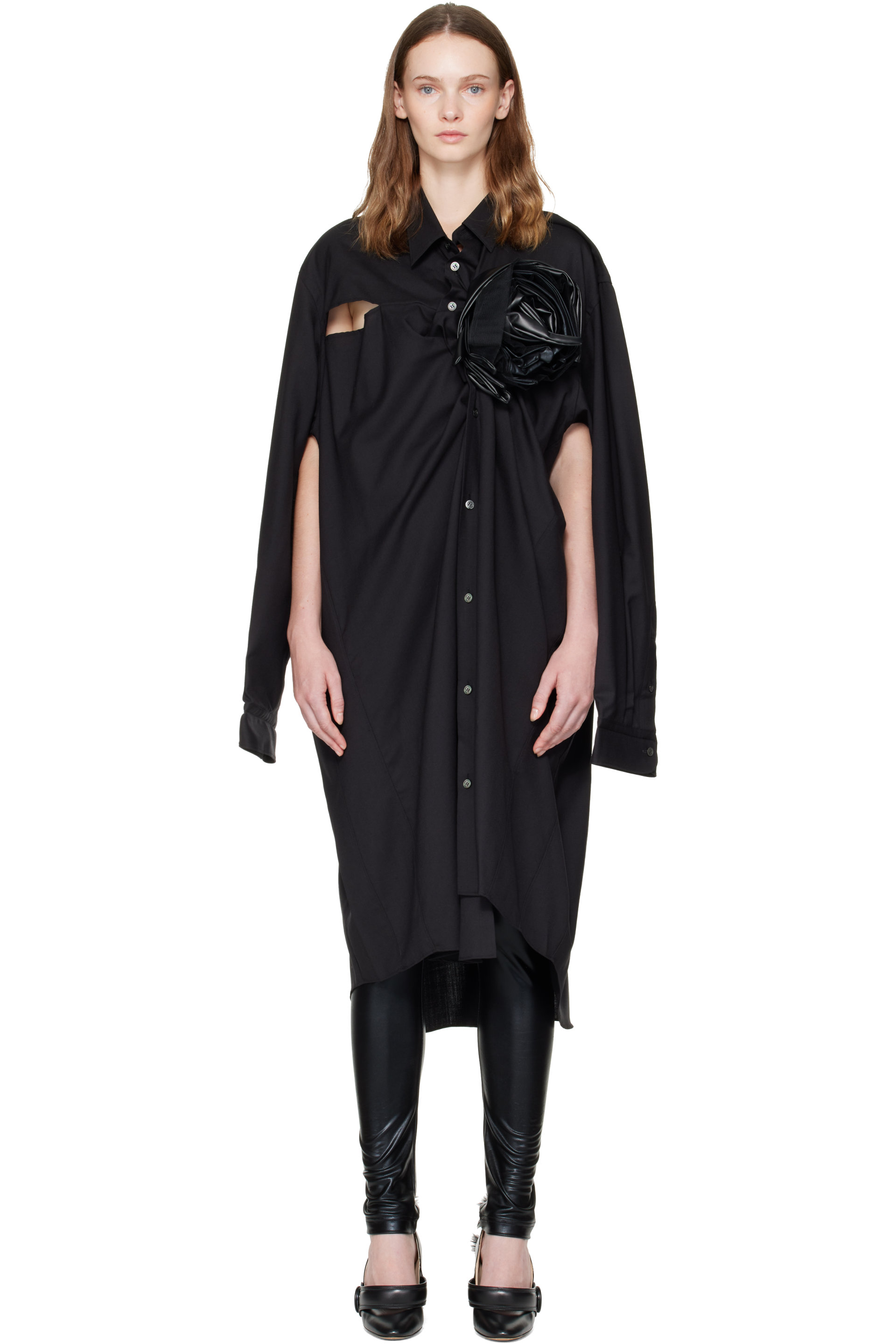 Junya Watanabe - Robe midi noire en laine et en cuir synthétique