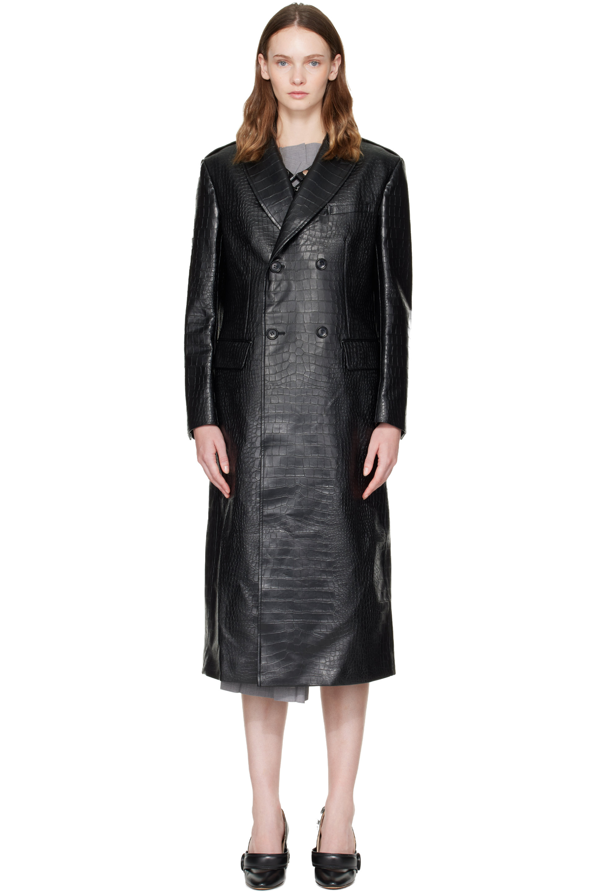 Junya Watanabe - Manteau noir en cuir synthétique gaufré façon croco