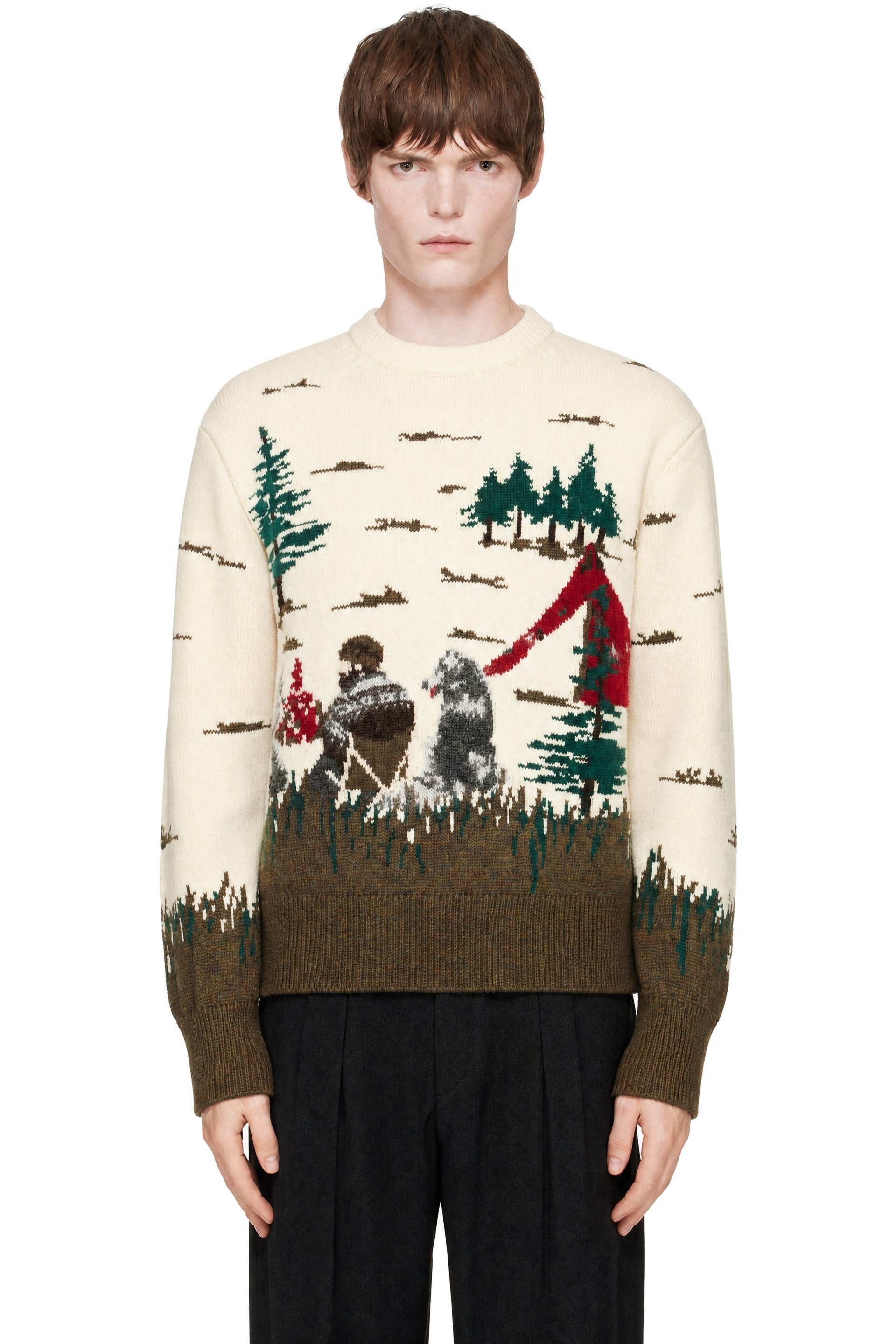 Junya Watanabe - Pull blanc cassé et kaki en laine