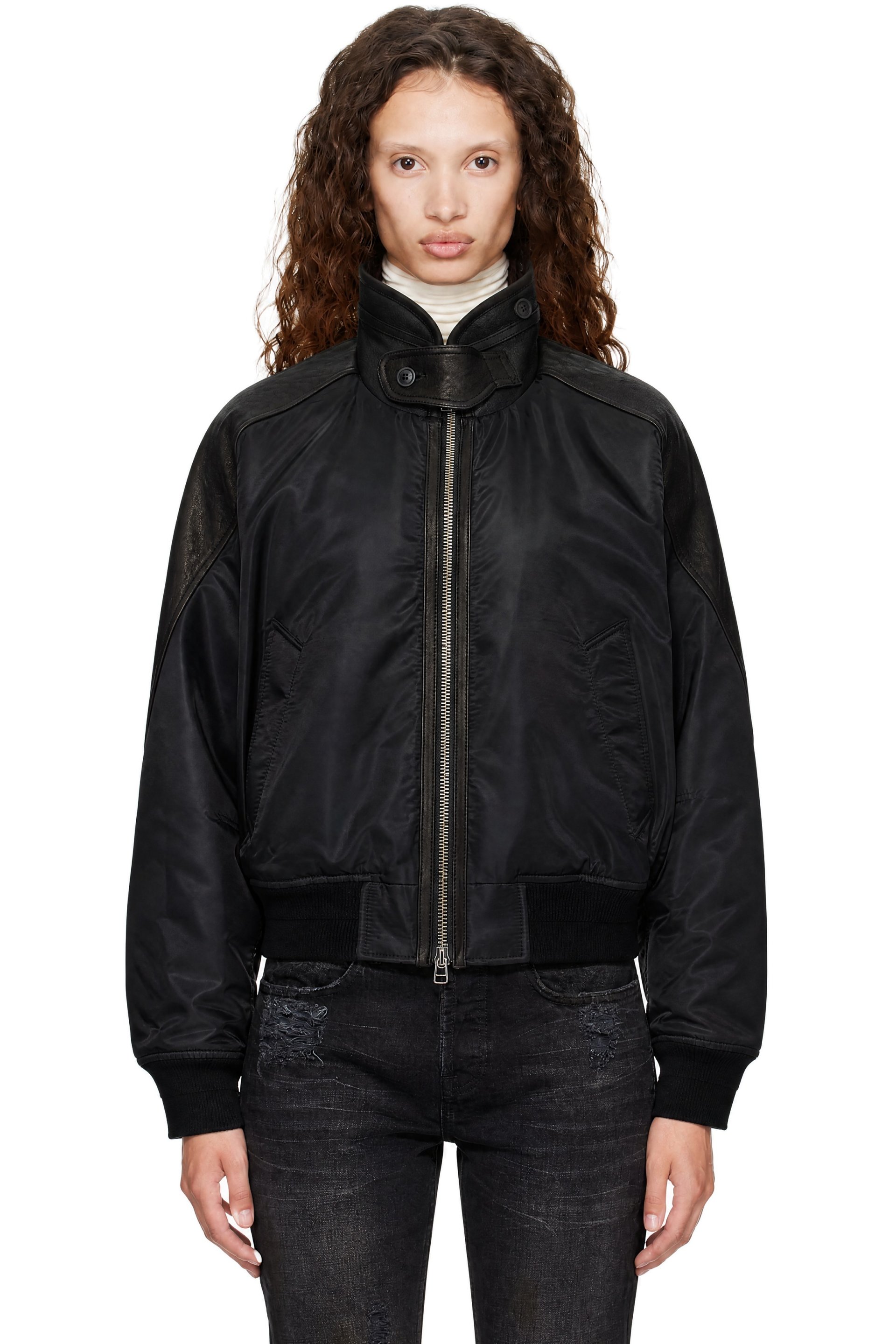 COOR - Black Highneck Shearling Mixed MA-1 Bomber Jacket