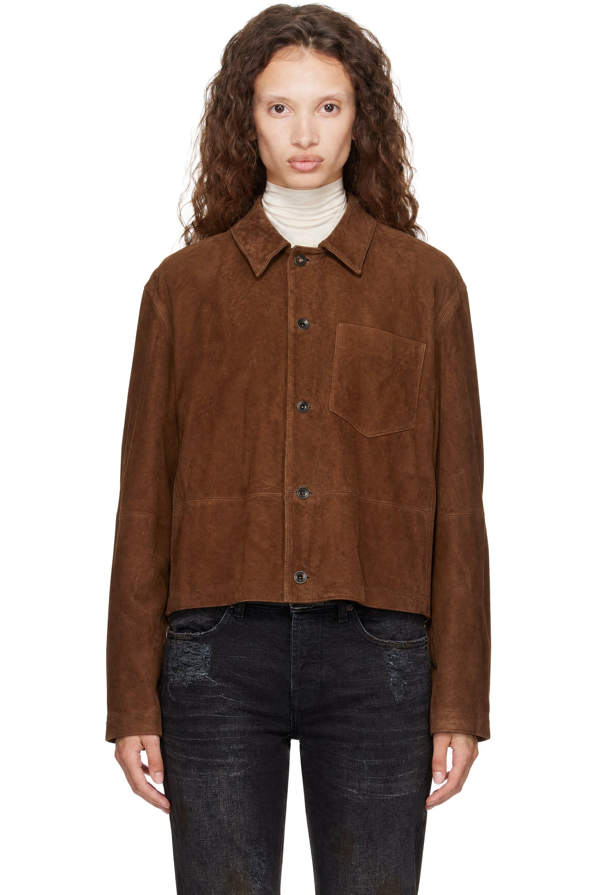 COOR - Brown Pleated Wash Leather Overshirt