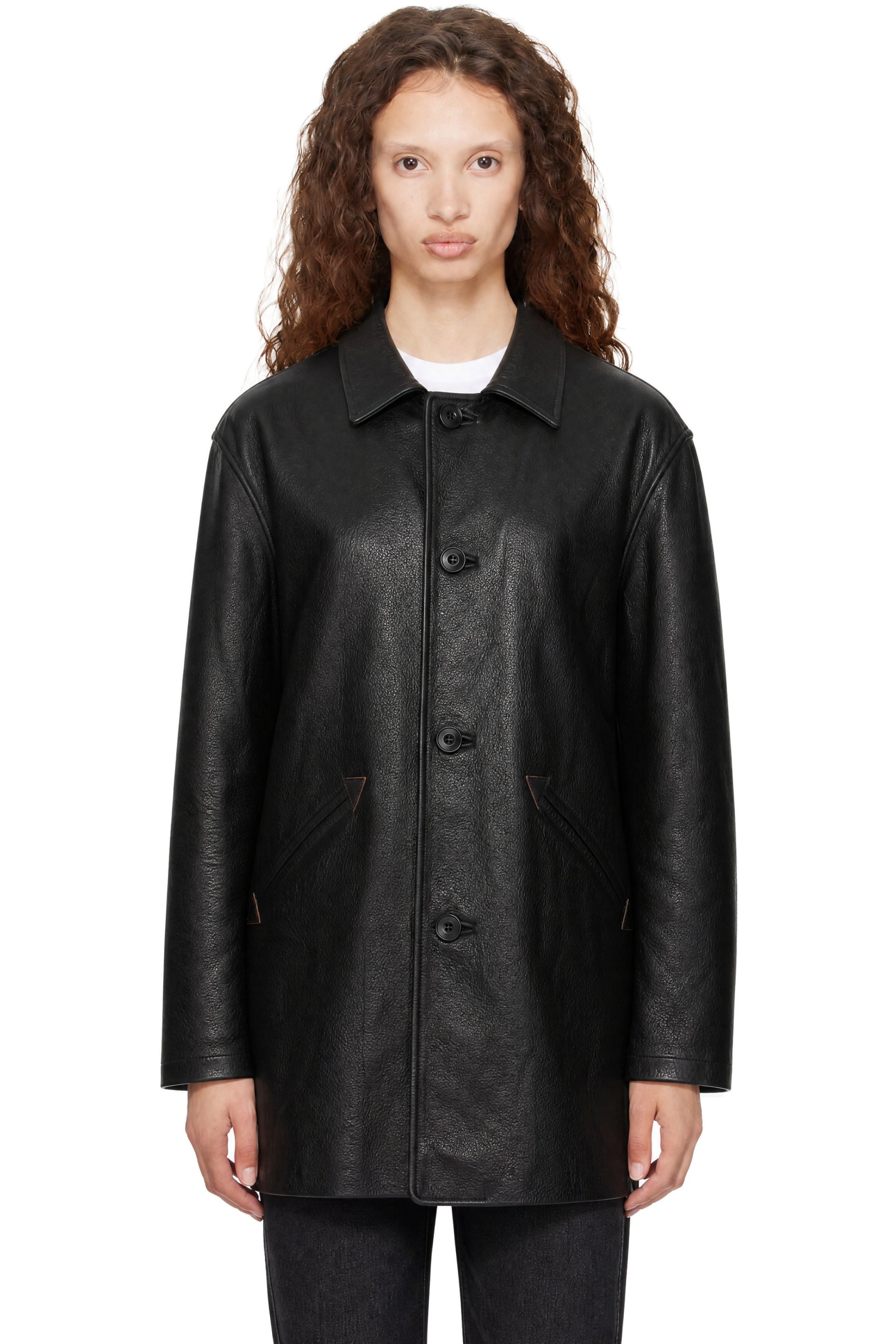 COOR - Black Chevron Stitched Cow Leather Car Coat