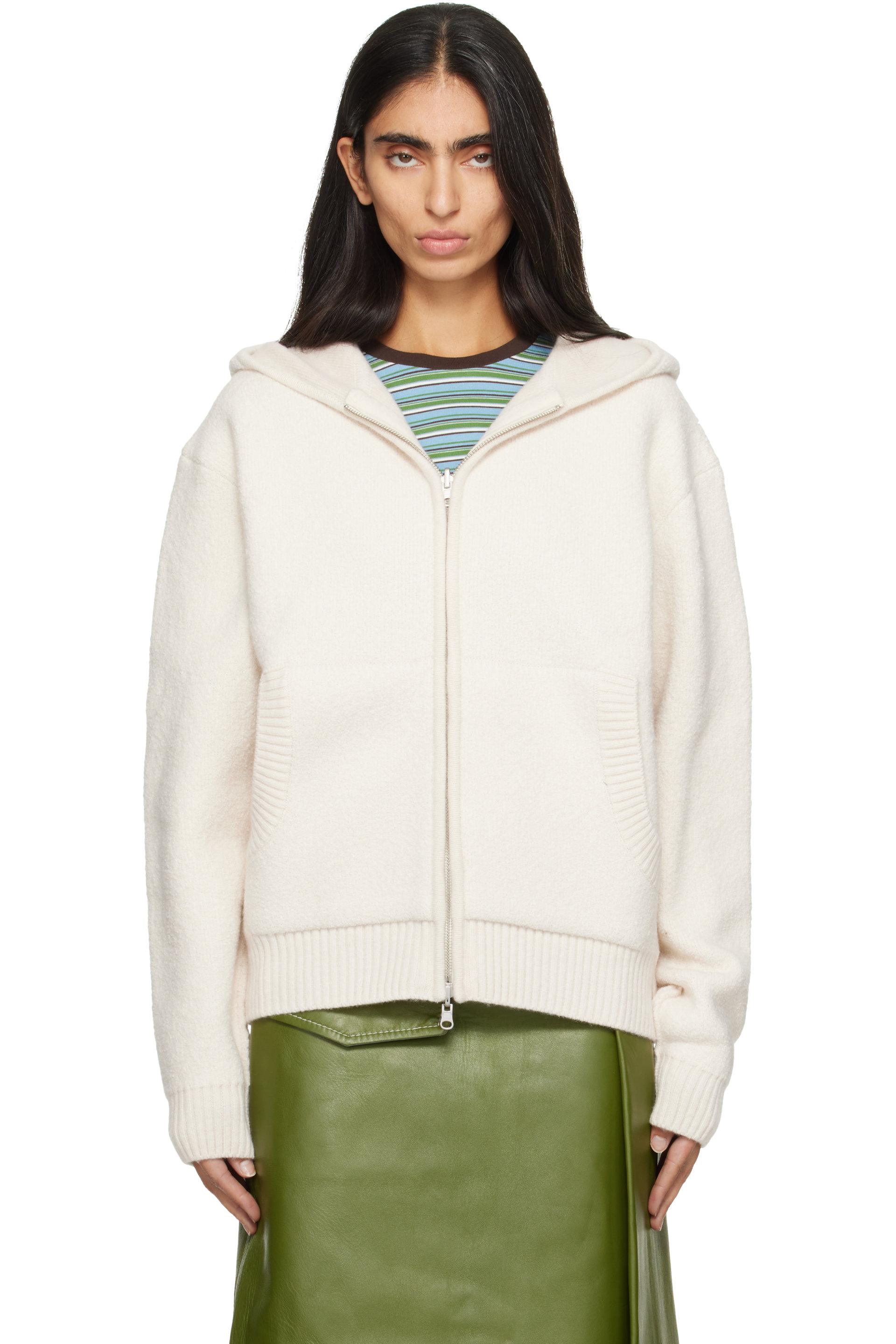 COOR - Off-White Reversible Boucle Knit Zip Hoodie