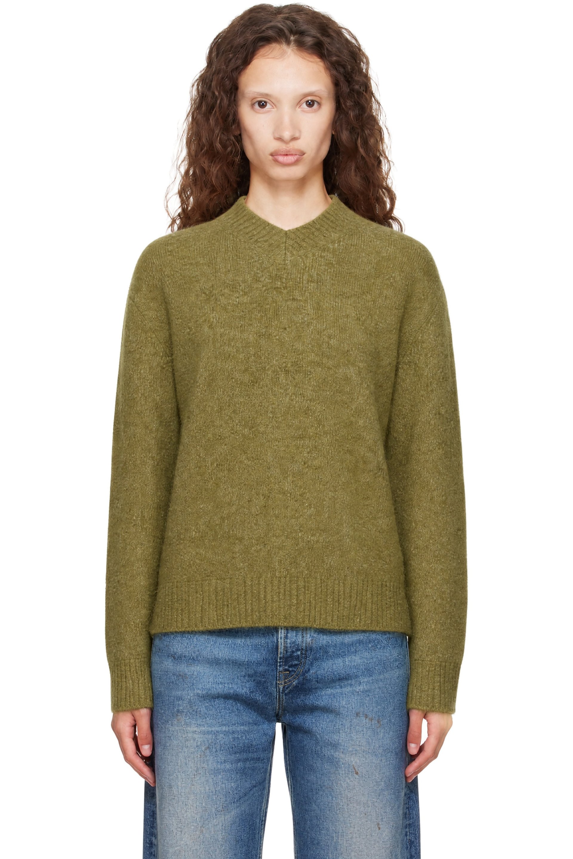 COOR - Green Wool Blend Hairy V-Neck Sweater