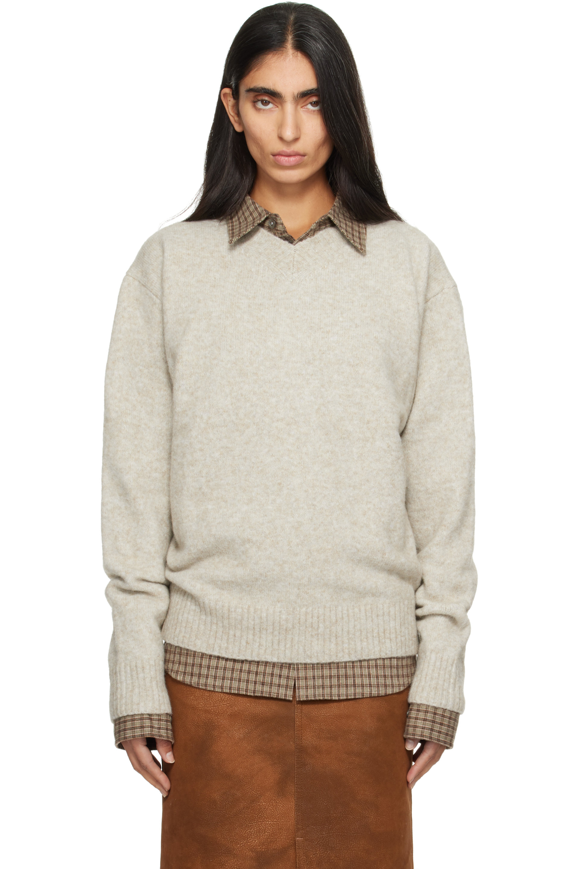 COOR - Beige Wool Blend Hairy V-Neck Sweater