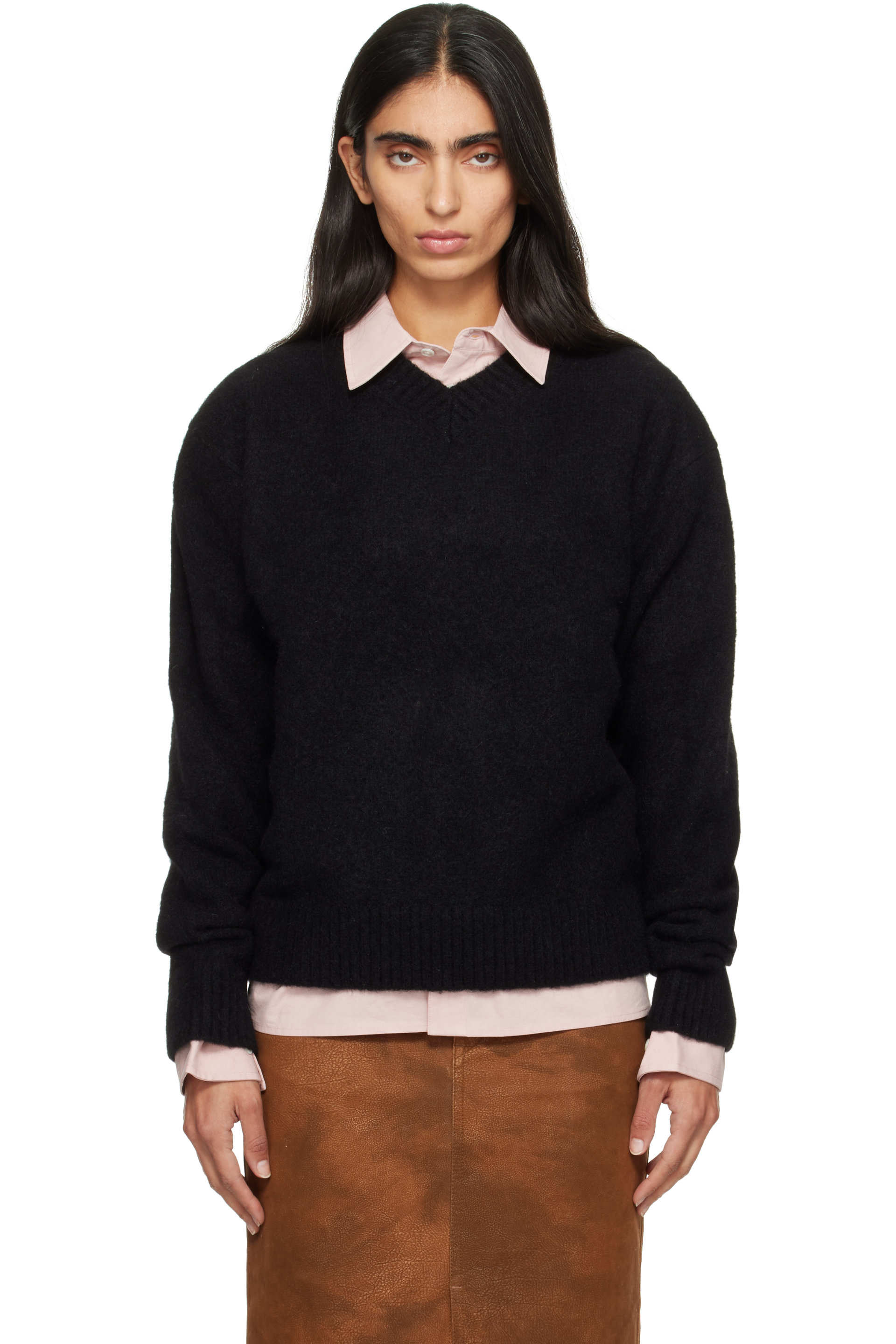 COOR - Black Wool Blend Hairy V-Neck Sweater