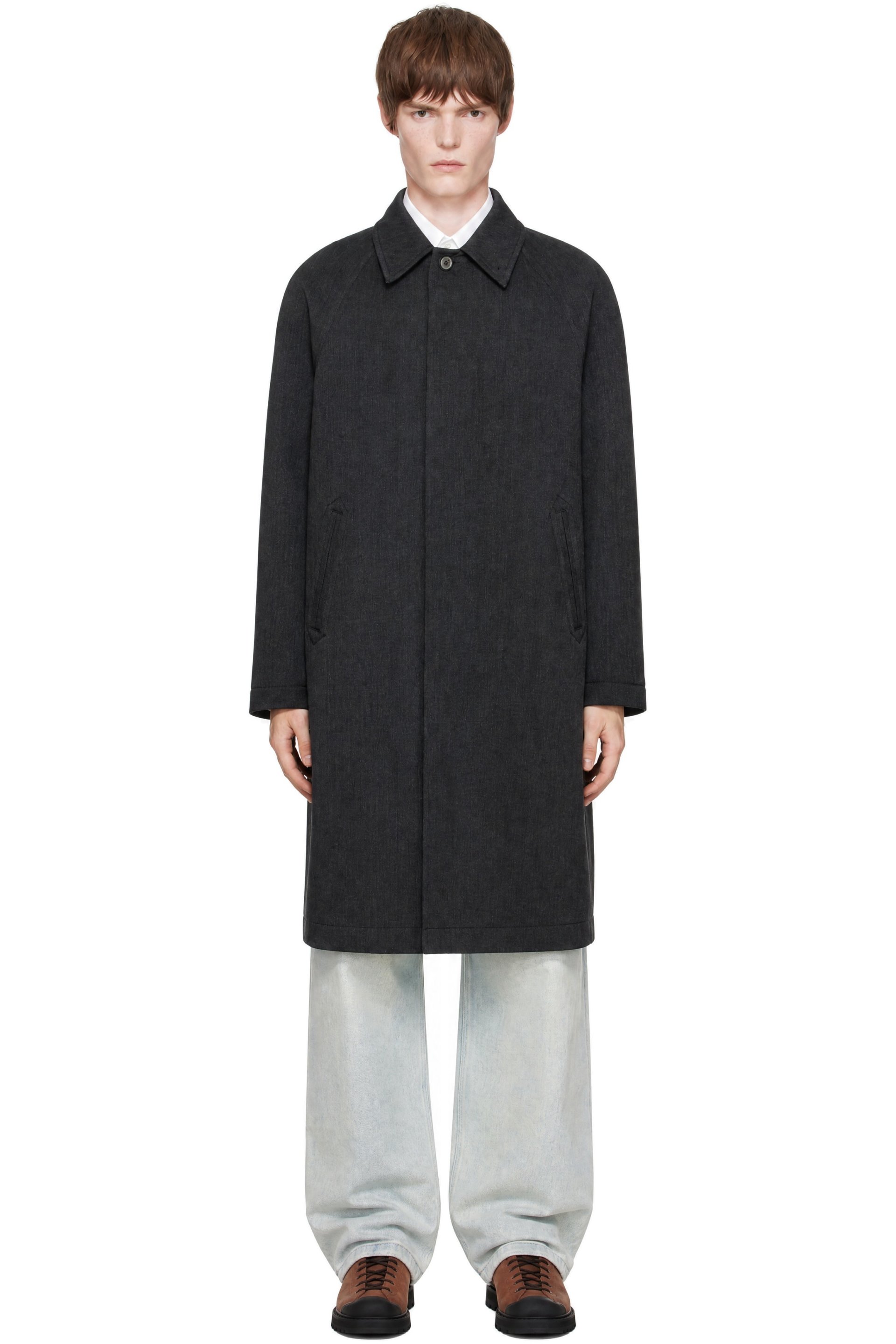 COOR - Gray Round Shoulder Leather Trim Balmacaan Coat
