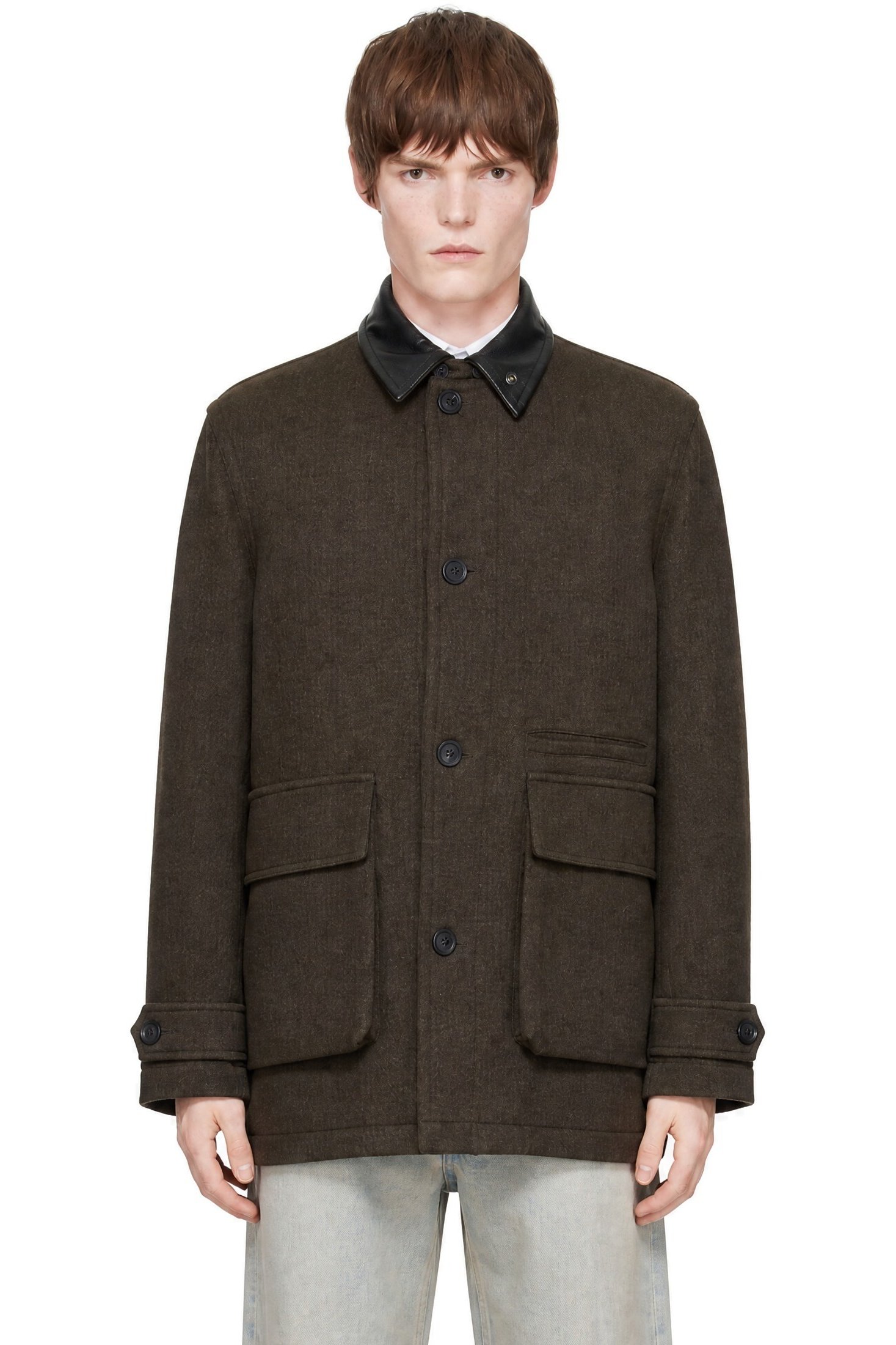 COOR - Brown Trimming Leather Patchwork Coat