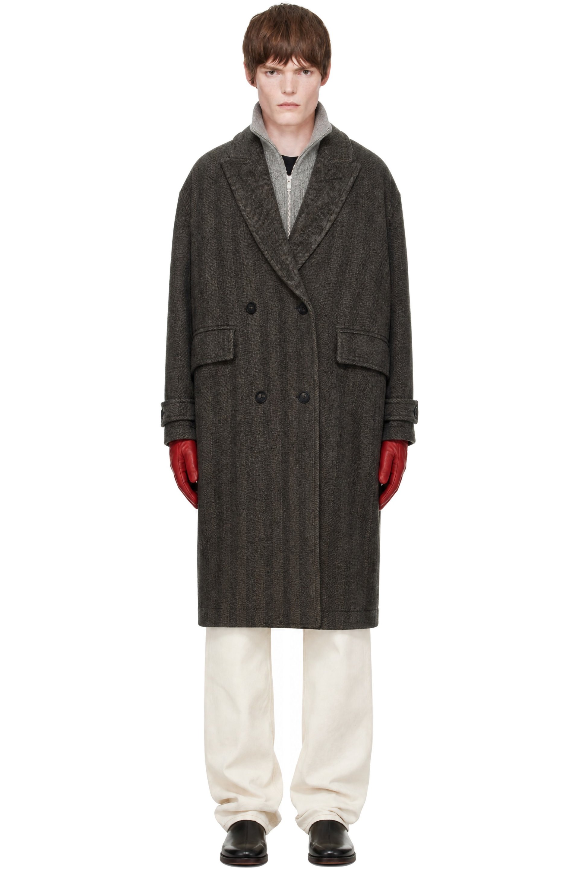 COOR - Brown Classy Herringbone Twill Heavy Coat