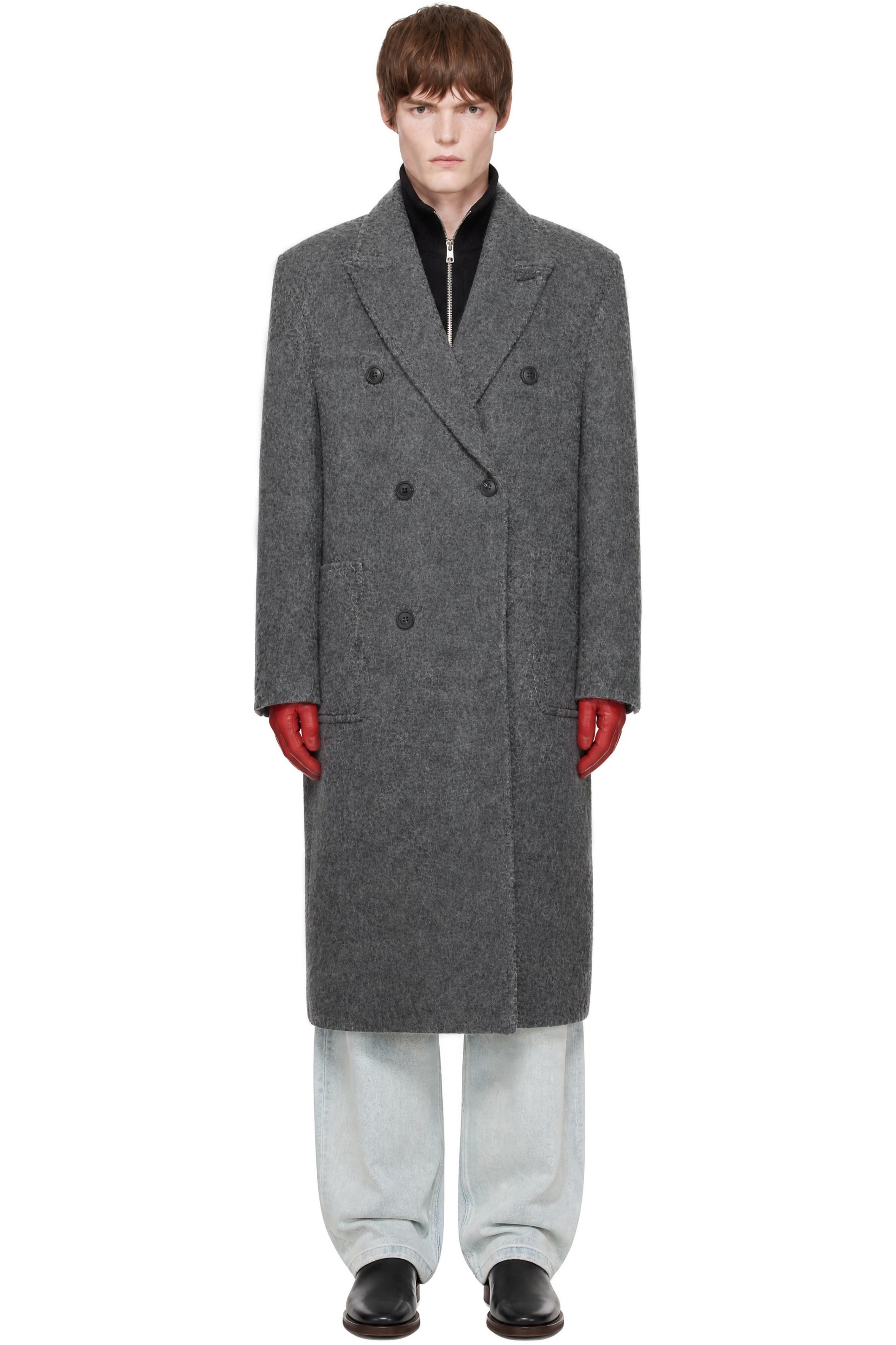 COOR - Gray Hairy Peaked Lapel Double Coat
