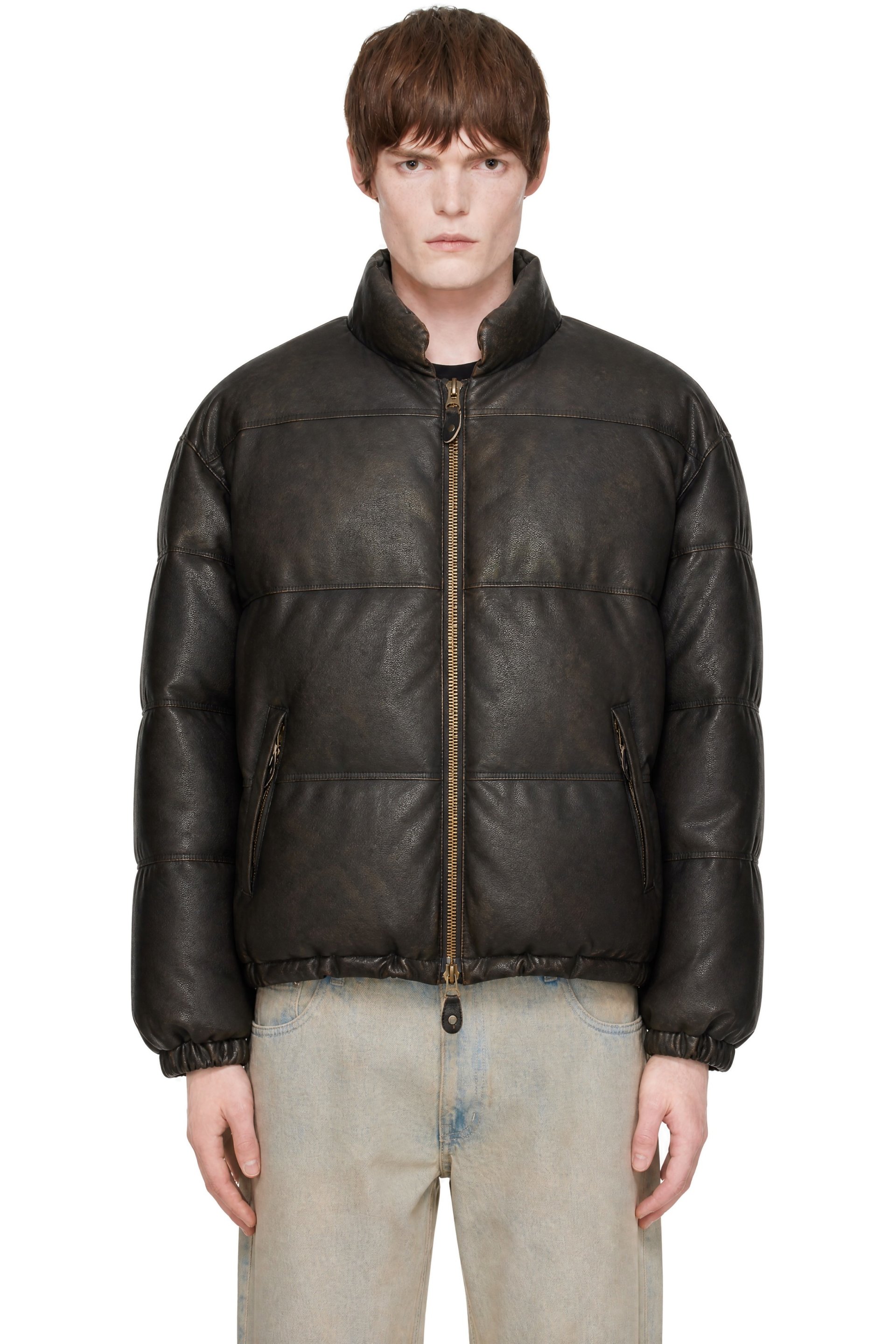 COOR - Brown Faux-Leather Wash Crop Down Jacket
